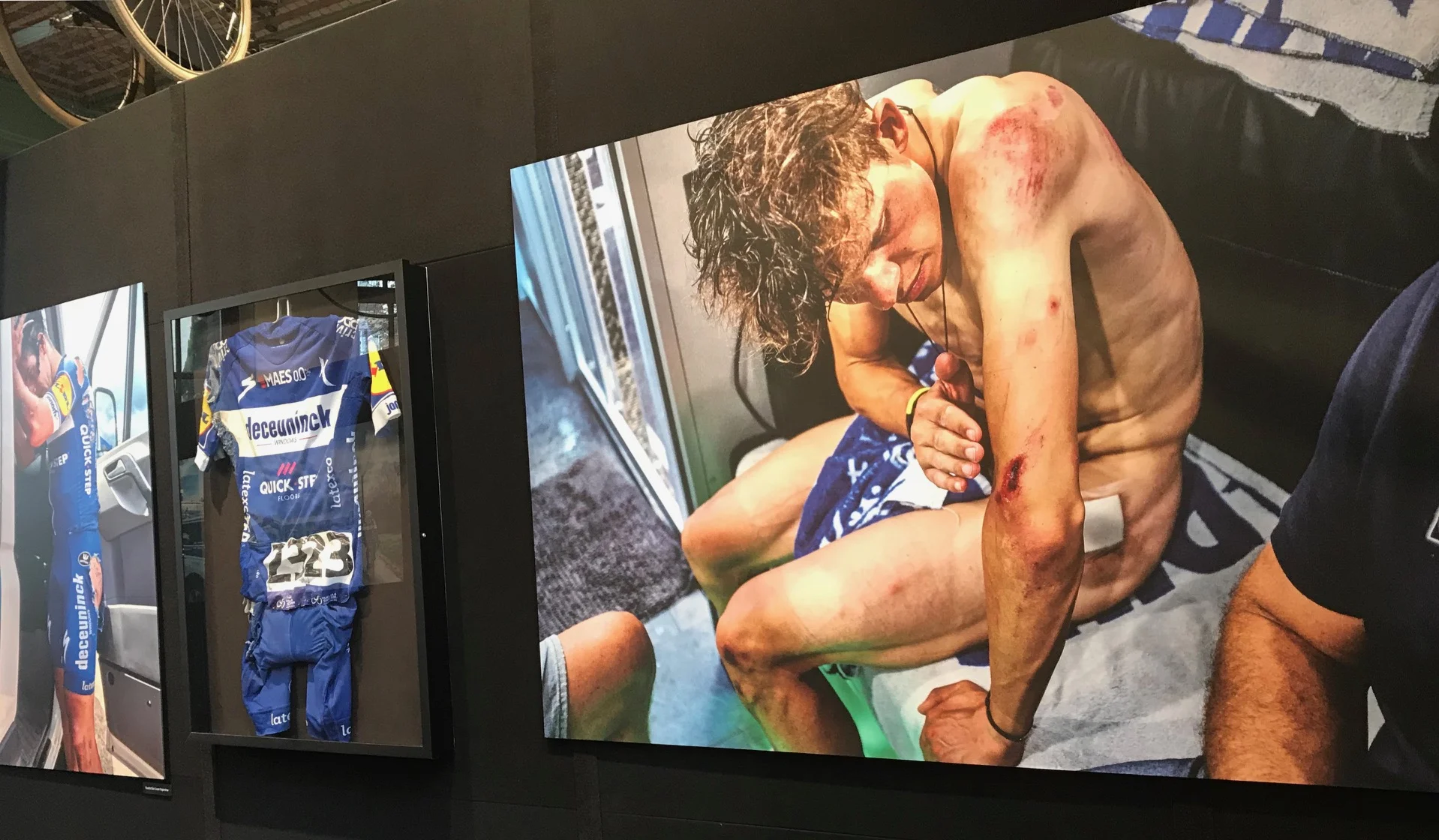 Koers Cycling Museum @ Roeselare @ 9 April - Team Quick Step photo exhibition on the ground floor featured a 2019 QS team member involved in a major off. Photo MOR