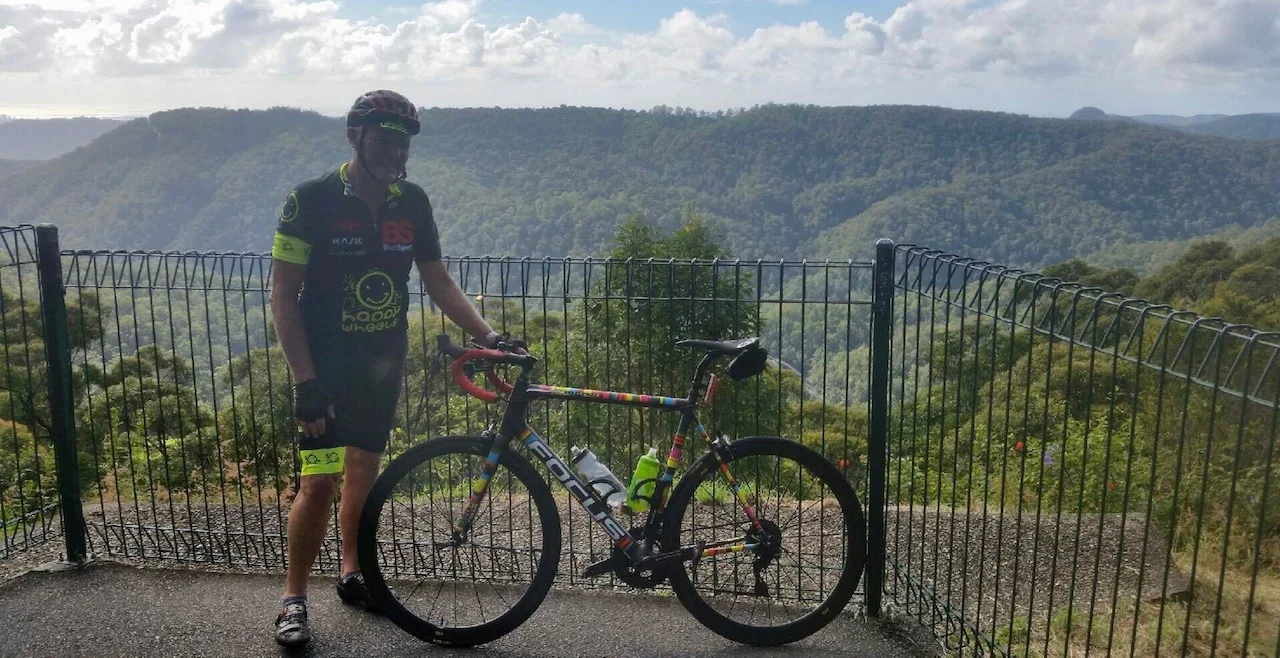 Springbrook climb behind the Gold Coast @ 19 April - Peter Davis (BiciSport Happy Wheels) at the summit