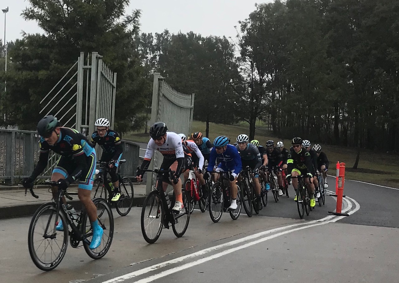 Metropolitan Championships @ Penrith Lakes @ 6 July - M6 category mid race action with Dom Zumbo forcing the pace (in blue overshoes) from Eric Dole (in white helmet), Matt Coy (centre, white helmet) and Peter Budd (yellow fluoro shoes). Conditions were damp & tricky.