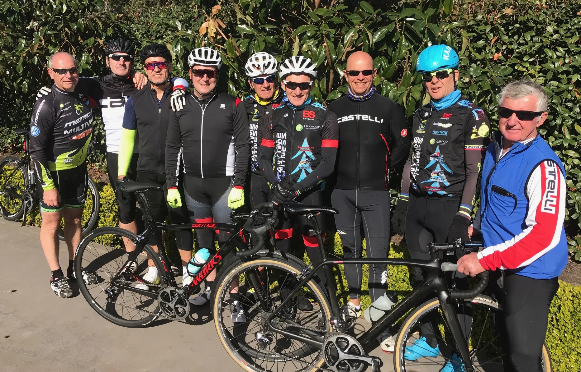 Master BiciSport Cappuccinos @ Sandstone Cafe Terrey Hills @ 27 July - L to R Peter Krause, Paul Worby, Karl Hoad, Nigel (Neo) Smith), Ian Grainger, Eric Dole, Neil Farky, Martin Wright & Ken Edwards