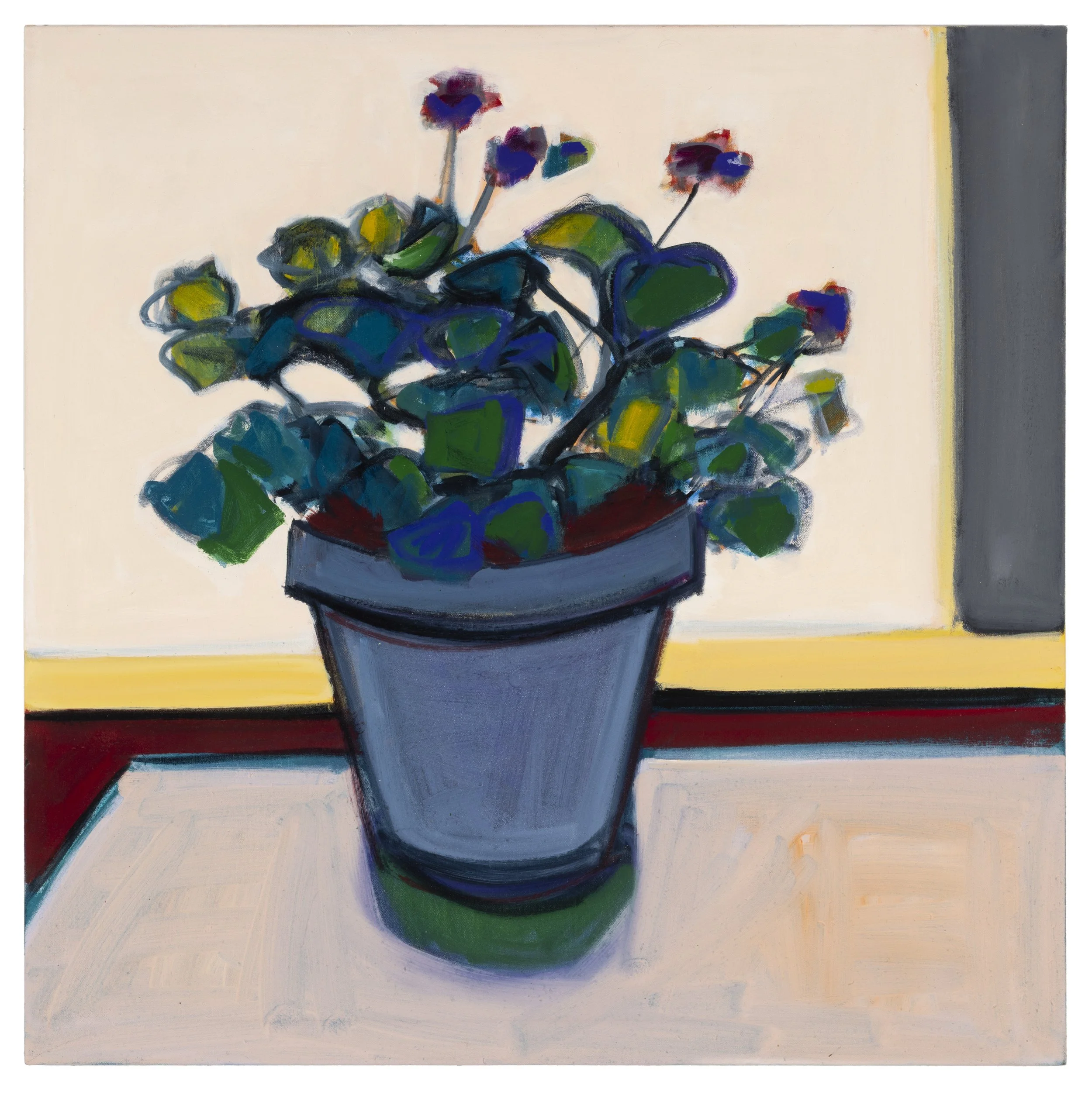  Geranium in a Blue Gray Pot  32 × 32 inches  Oil on Canvas 