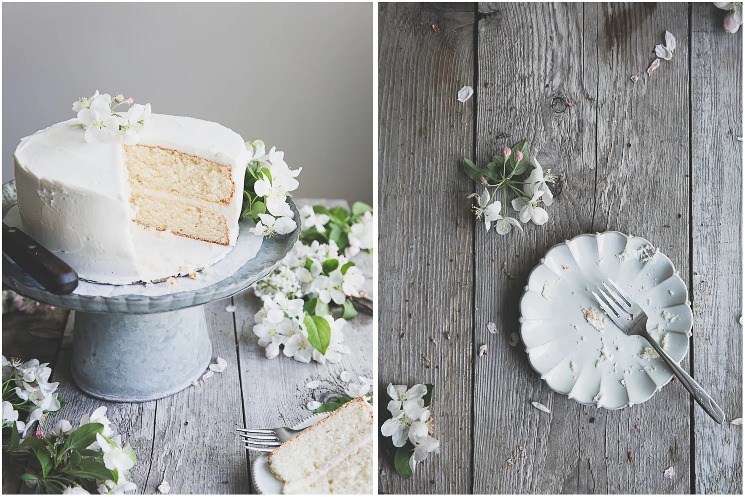 Classic white cake, decorated with apple blossoms