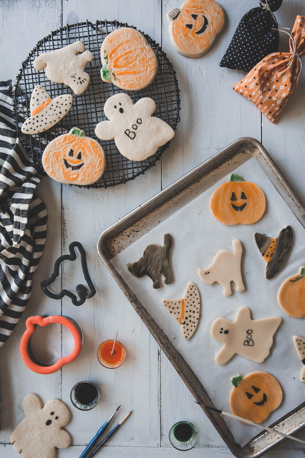 Before and after baking painted Halloween sugar cookies