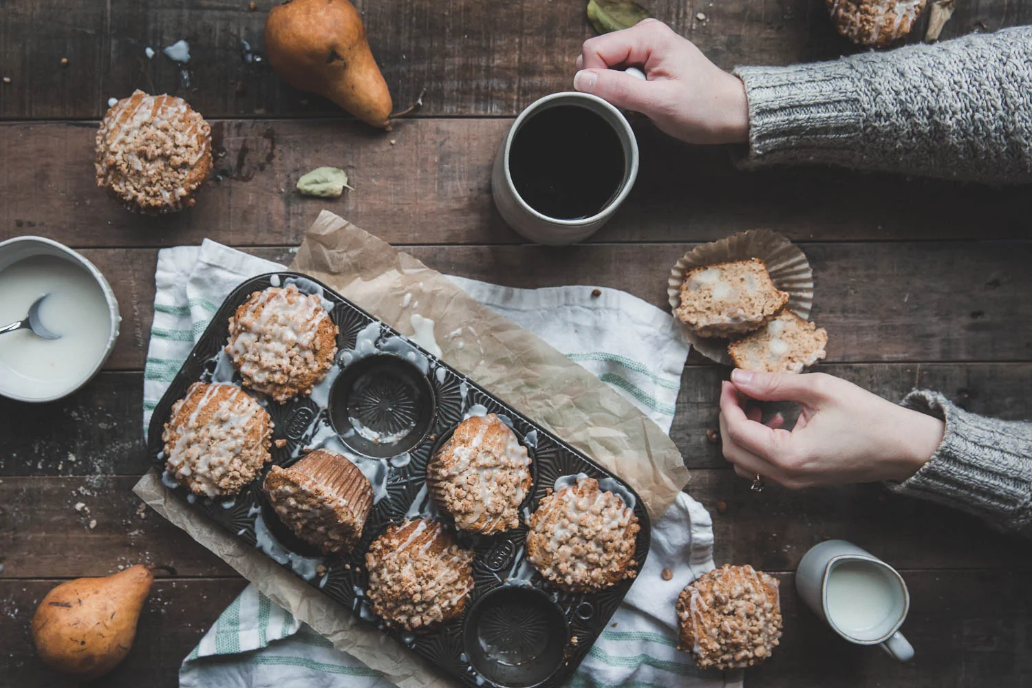 Pear Ginger Muffins with Crumb Topping and Vanilla Glaze