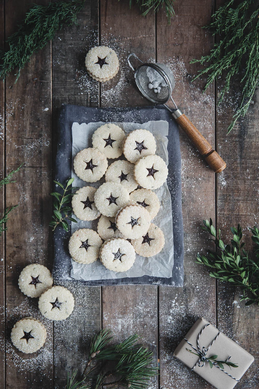 Sugar-dusted Rosemary Shortbread Linzer Tarts with Blueberry Jam