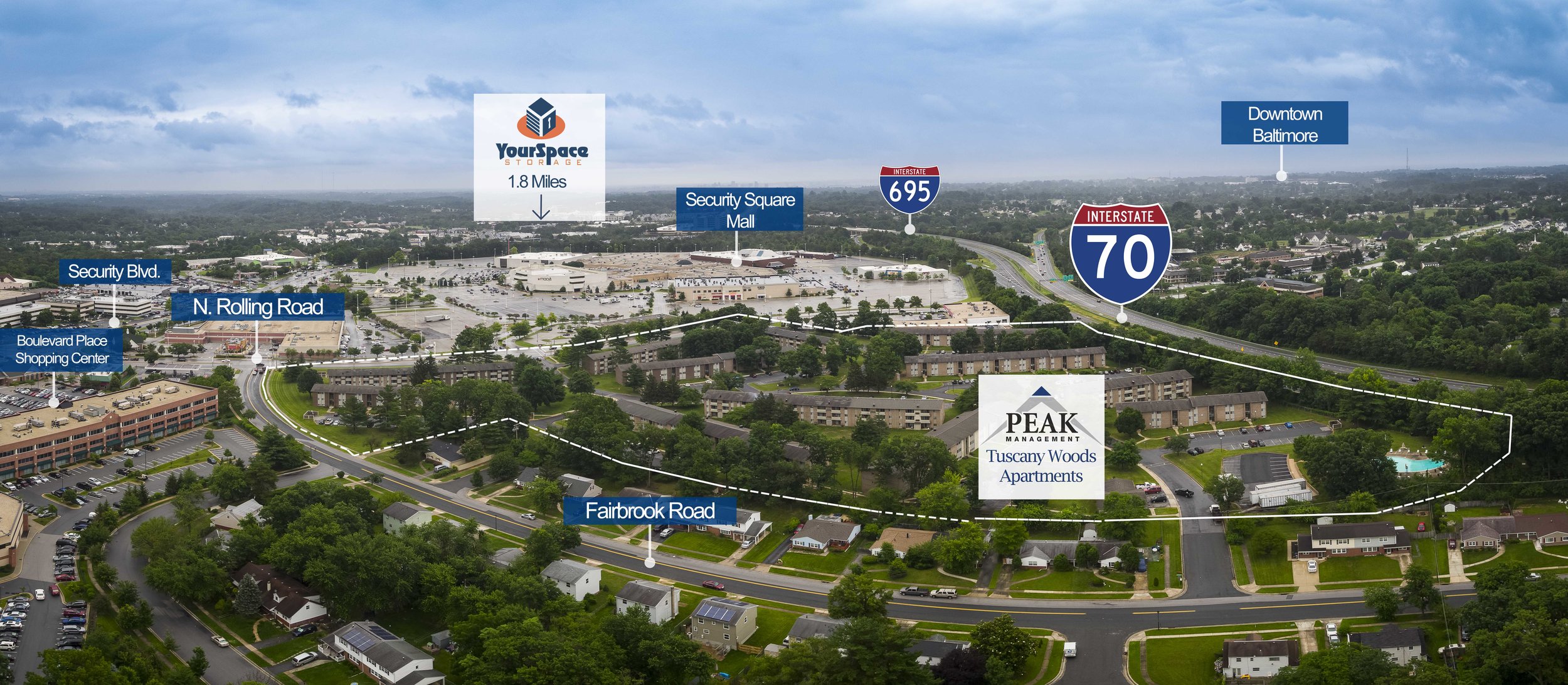 Aerial View of Tuscany Woods Apartments in Windsor Mill, MD