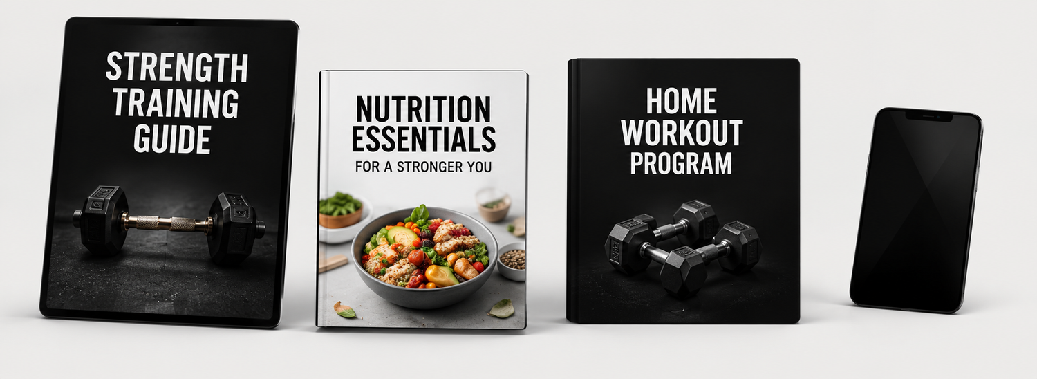 Strength Training Guide, Nutrition Essentials and Home Workout Program digital resources shown on tablets