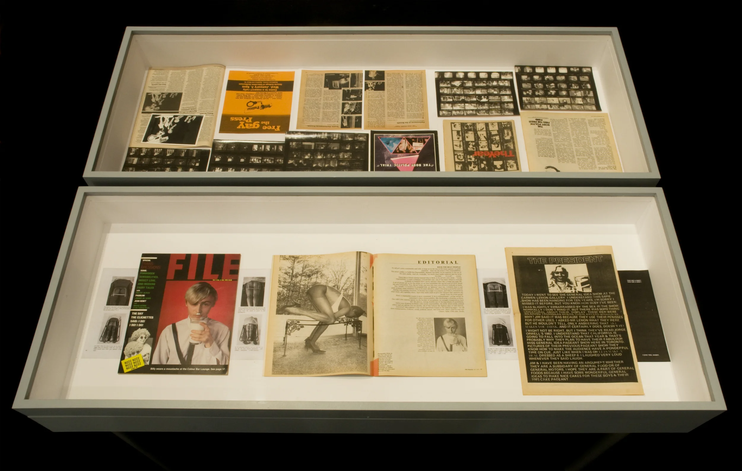 General Idea, excerpt from “An Anatomy of Censorship,” in Performance by Artists , (Toronto: Art Metropole, 1979); cover and “Editorial,” FILE : Special Transgressions Issue 4:2 (Fall 1979). “The President,” Only Paper Today 6:3 (Spring 1979). Courtesy Philip Monk.