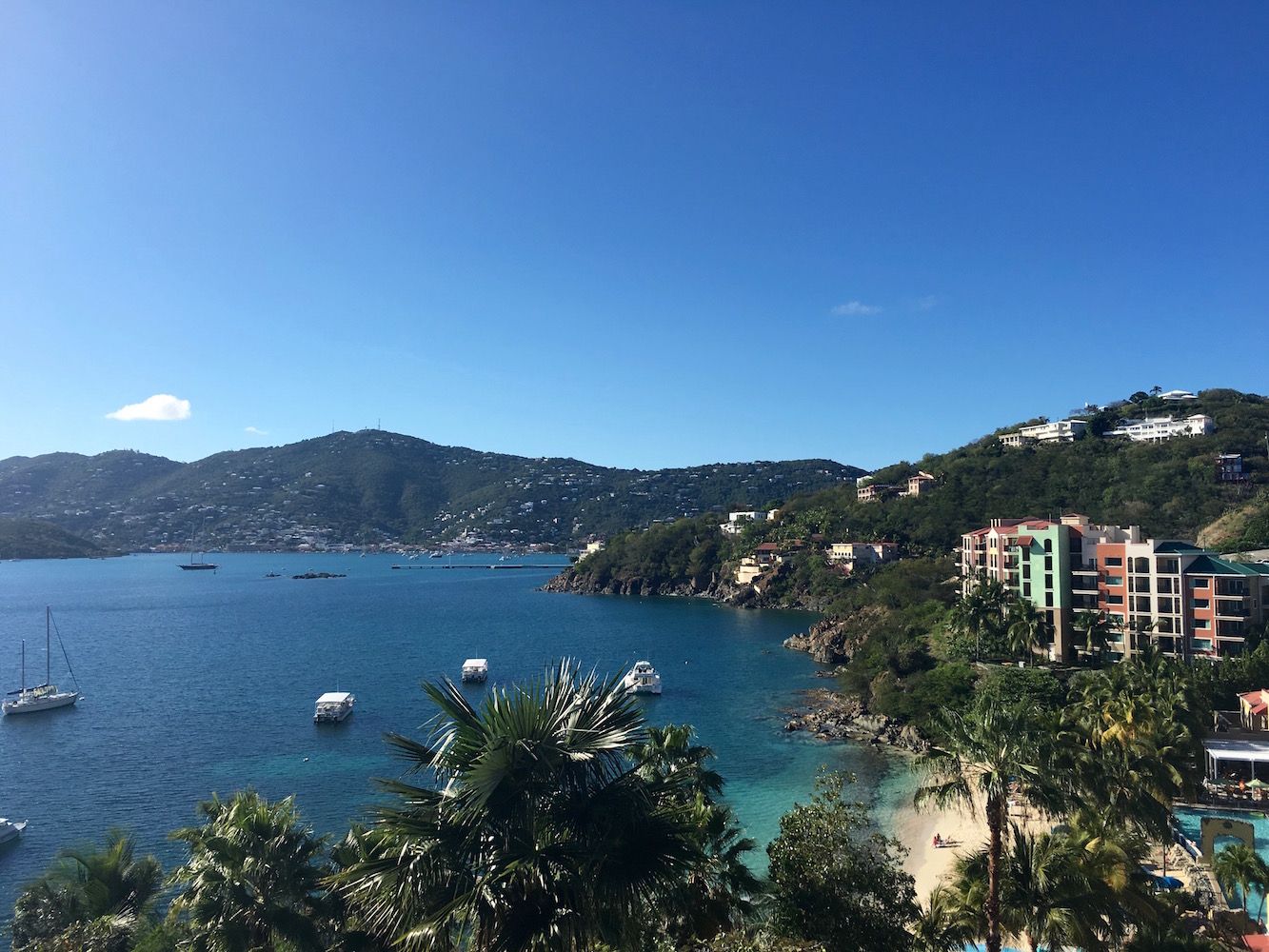 The view of downtown Charlotte Amalie from across the harbor at the Marriott is fantastic. The view of the ocean on the other side is great as well!