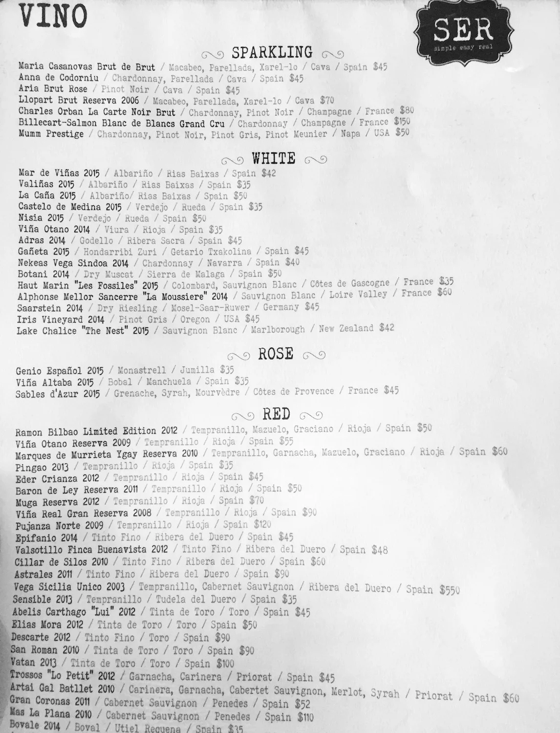 The wine list from one of our favorite restaurants in Arlington, VA. Their sangria is off the charts, and you can’t go wrong with their wine list, either. Note the number of Spanish wines on the menu. Spain makes phenomenal wines, and is one of the world’s largest producers, so , you will likely want to order one of the Spanish wines. This list shows us the wine by Name of Bottle or Winery Vintage / Grape Varietal / Subregion / Country Price, so for example the first bottle on the WHITE list is the Mar de Viñas from 2015, which made from the Albariño grape in Rias Baixas, Spain, and costs $42. The first bottle on the RED list can be read the same way, but note that it’s a blend of juice from the Tempranillo, Mazuelo, and Graciano grapes.
