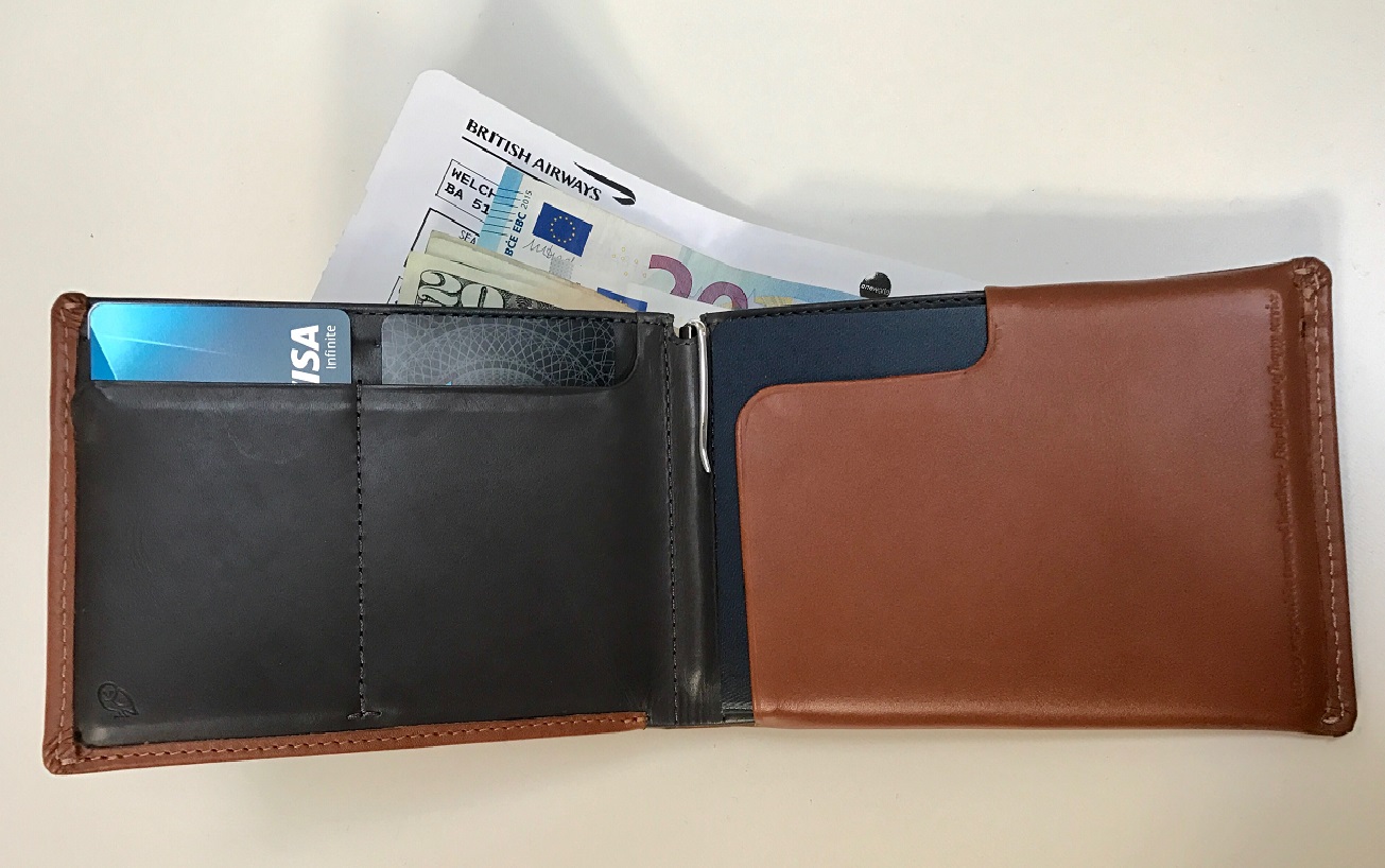 It all fits. Note the little silver pen clipped in the seam. The Bellroy Leather Travel Wallet is available in black, brown, or caramel (I chose caramel) coloring with or without RFID protection.