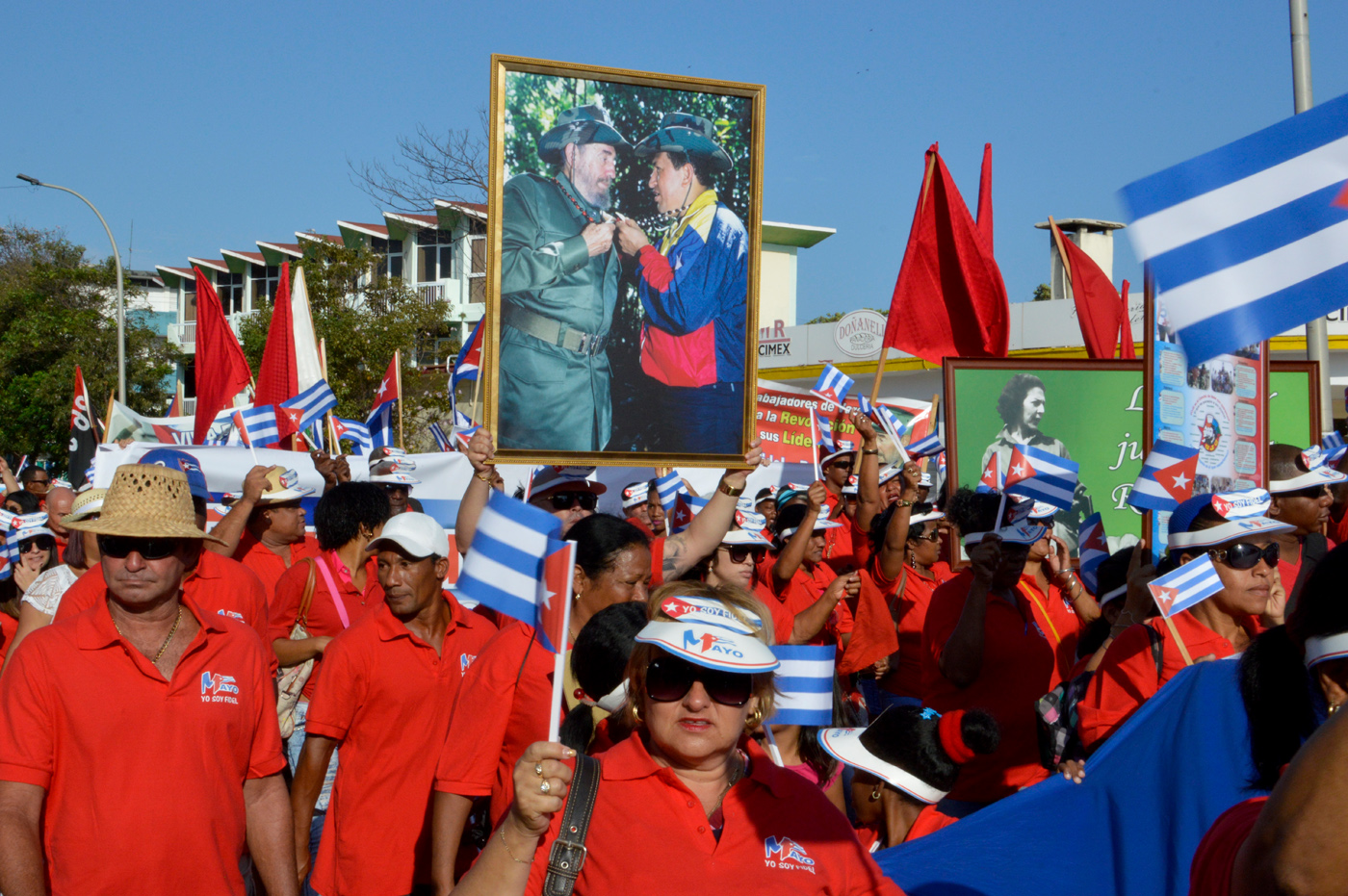 Lots of red color as well as banners and flags.