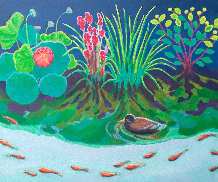 Serene Pond Harmony, Mallard Duck and Koi Fish