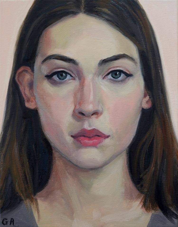 Painted portrait of a young woman with long dark brown hair and blue eyes, wearing subtle makeup including eyeliner and pink lipstick.