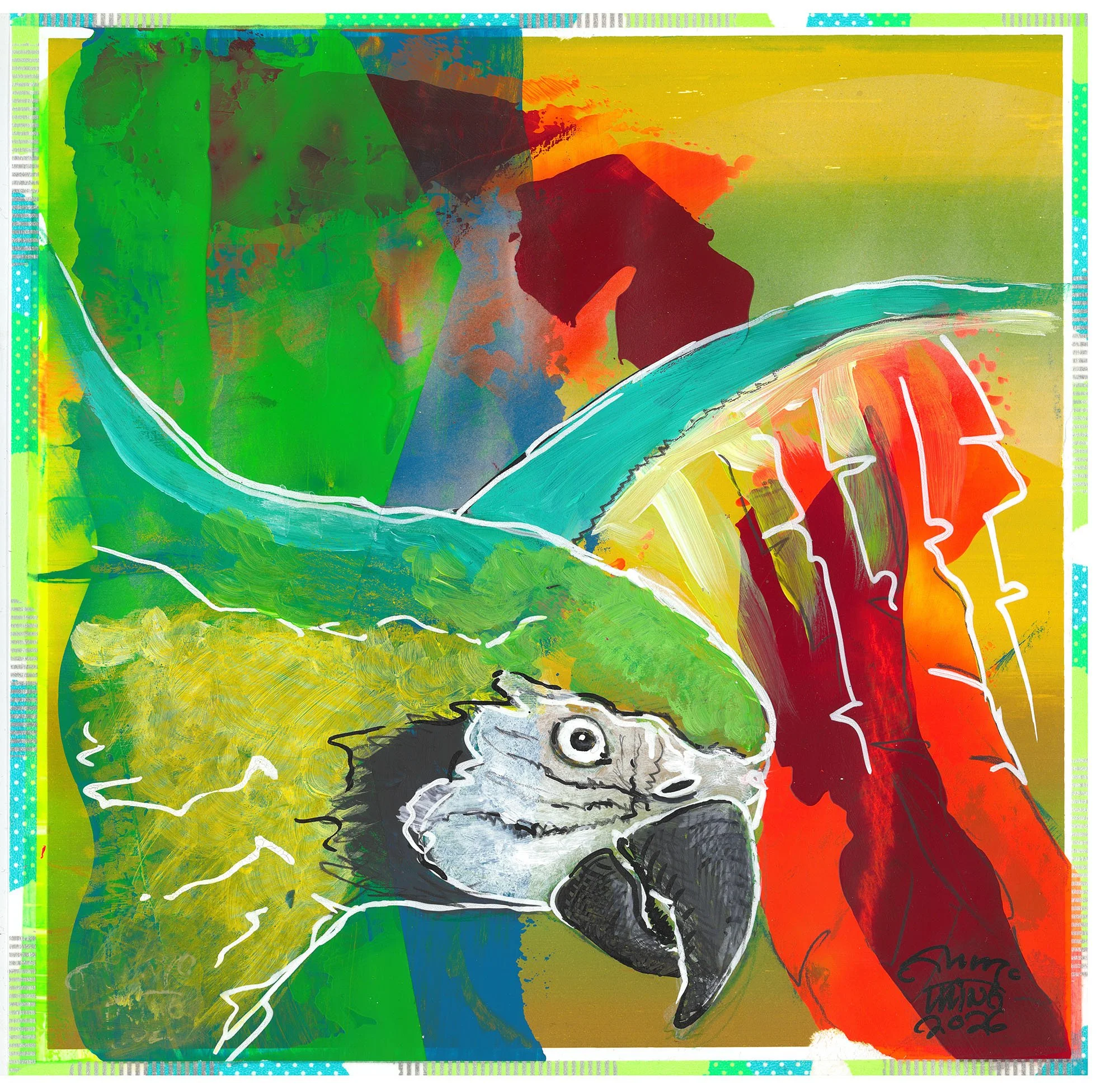  Ara grün . 2026 . 25 × 25 cm . Acryl &amp; Wasserfarben auf Papier 