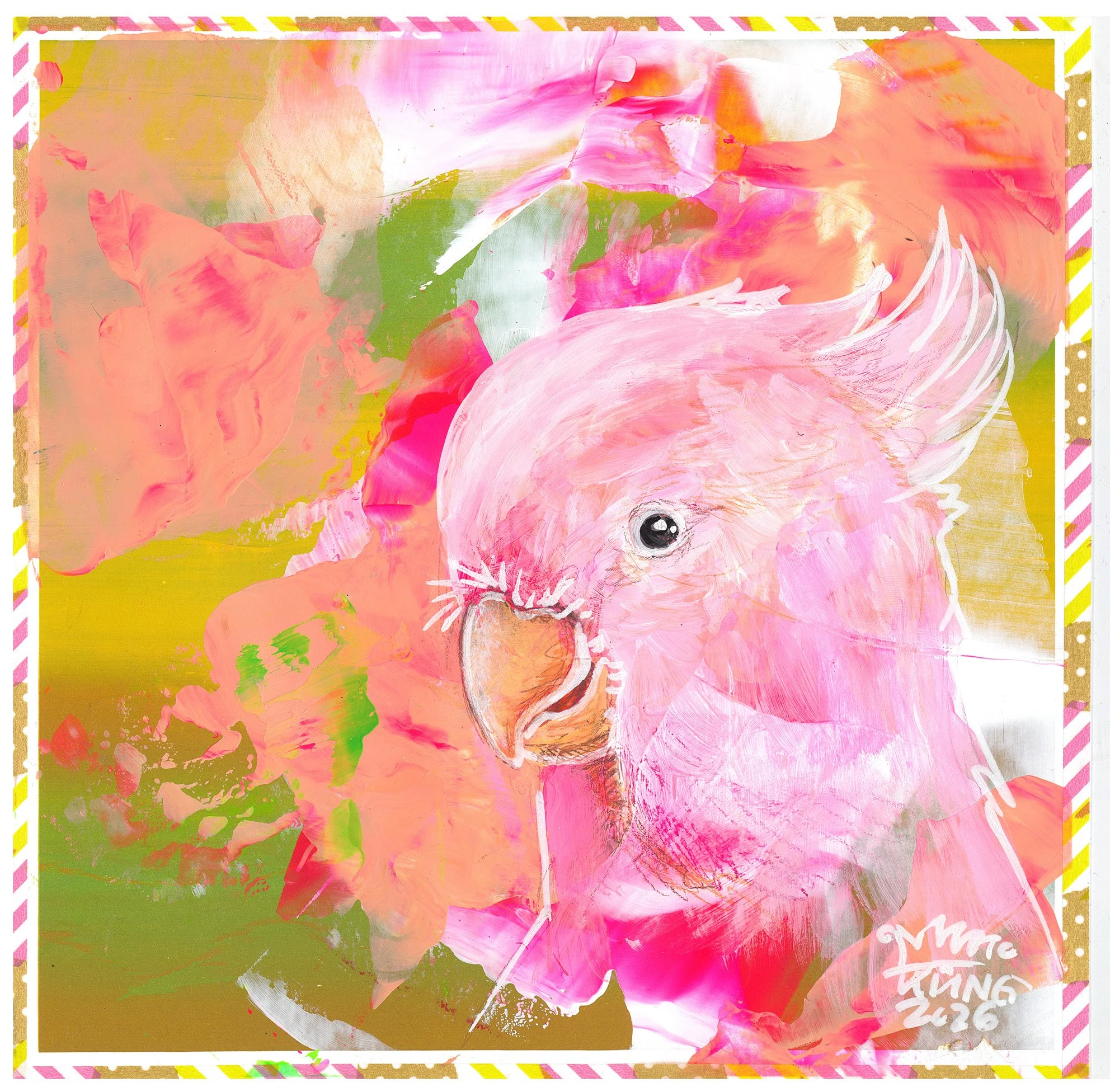  Rosa Kakadu . 2026 . 25 × 25 cm . Acryl &amp; Wasserfarben auf Papier 
