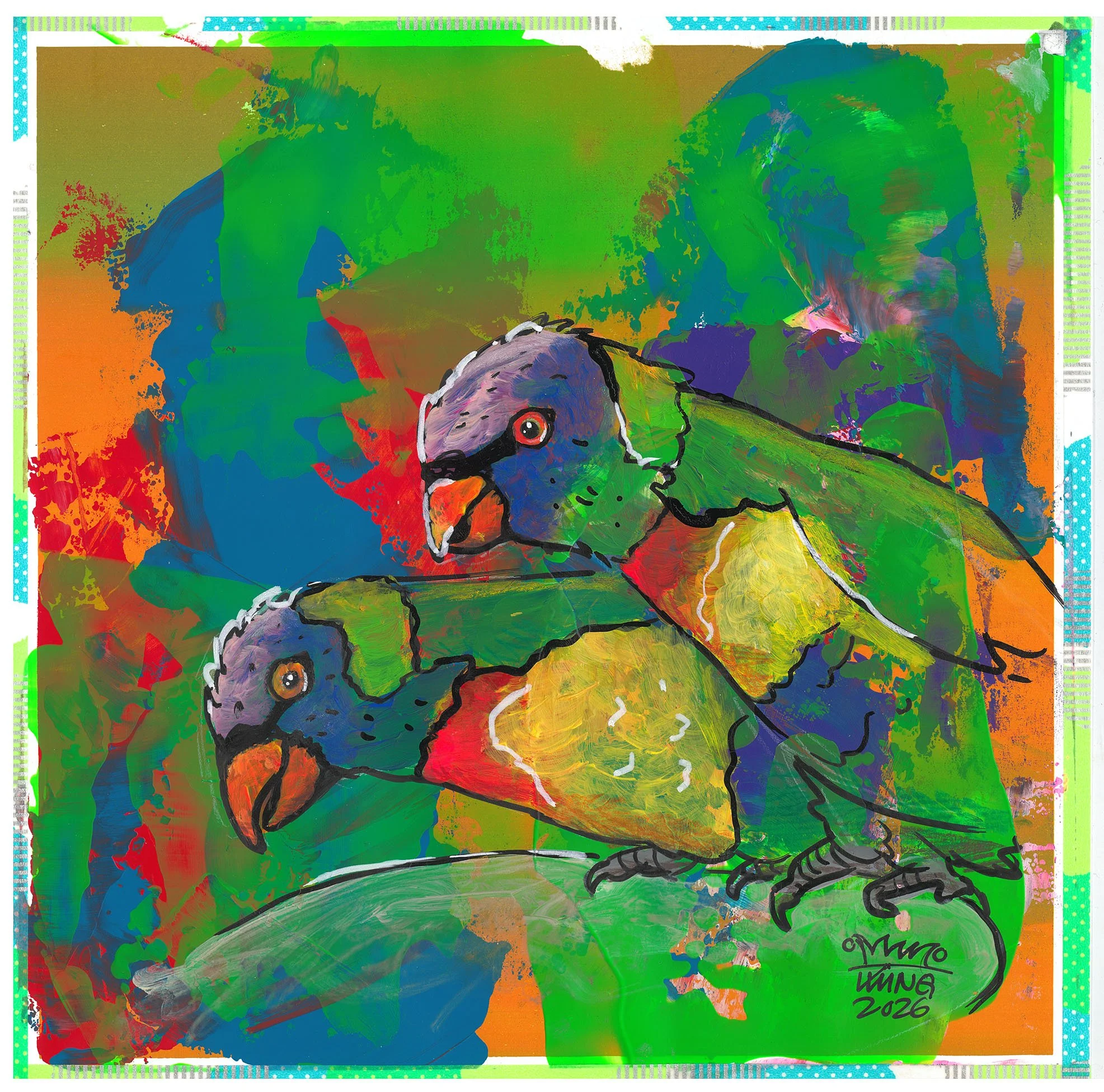  Loris . 2026 . 25 × 25 cm . Acryl &amp; Wasserfarben auf Papier 