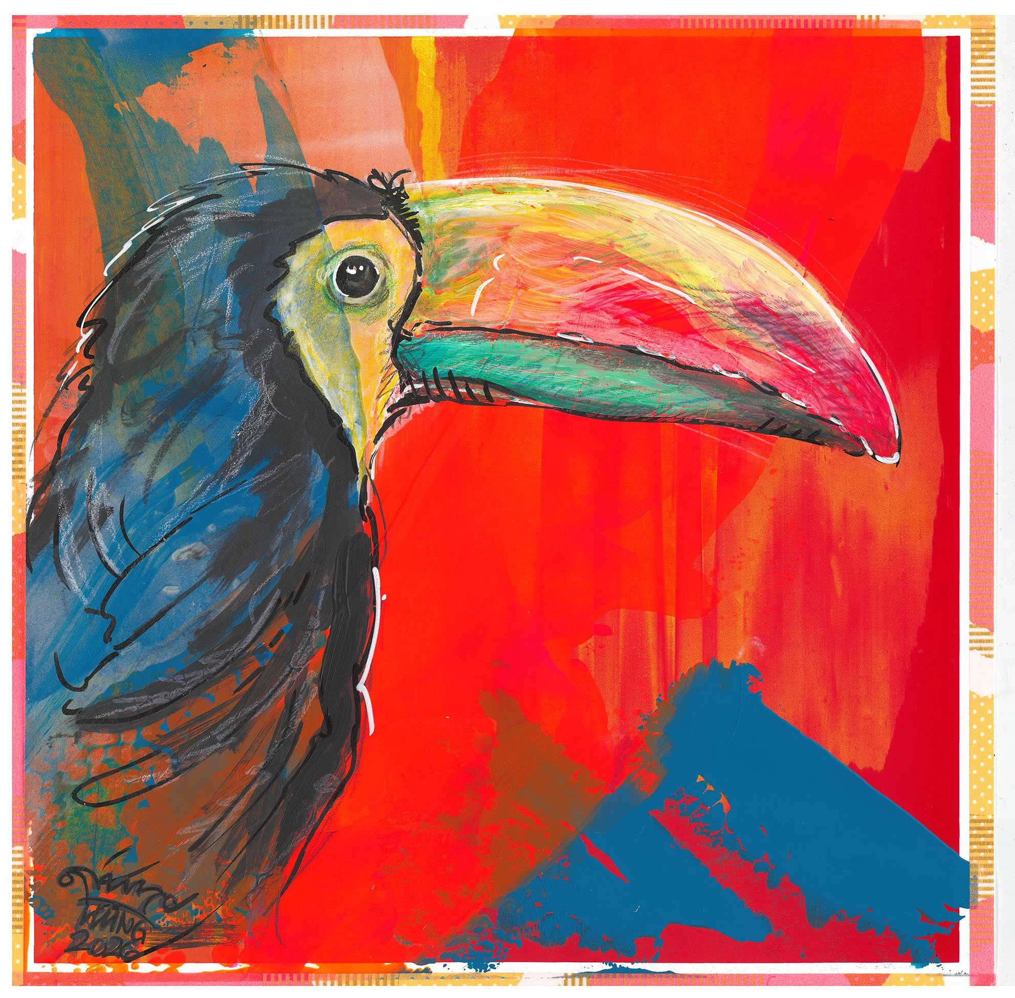  Fischertukan . 2026 . 25 × 25 cm . Acryl &amp; Wasserfarben auf Papier 