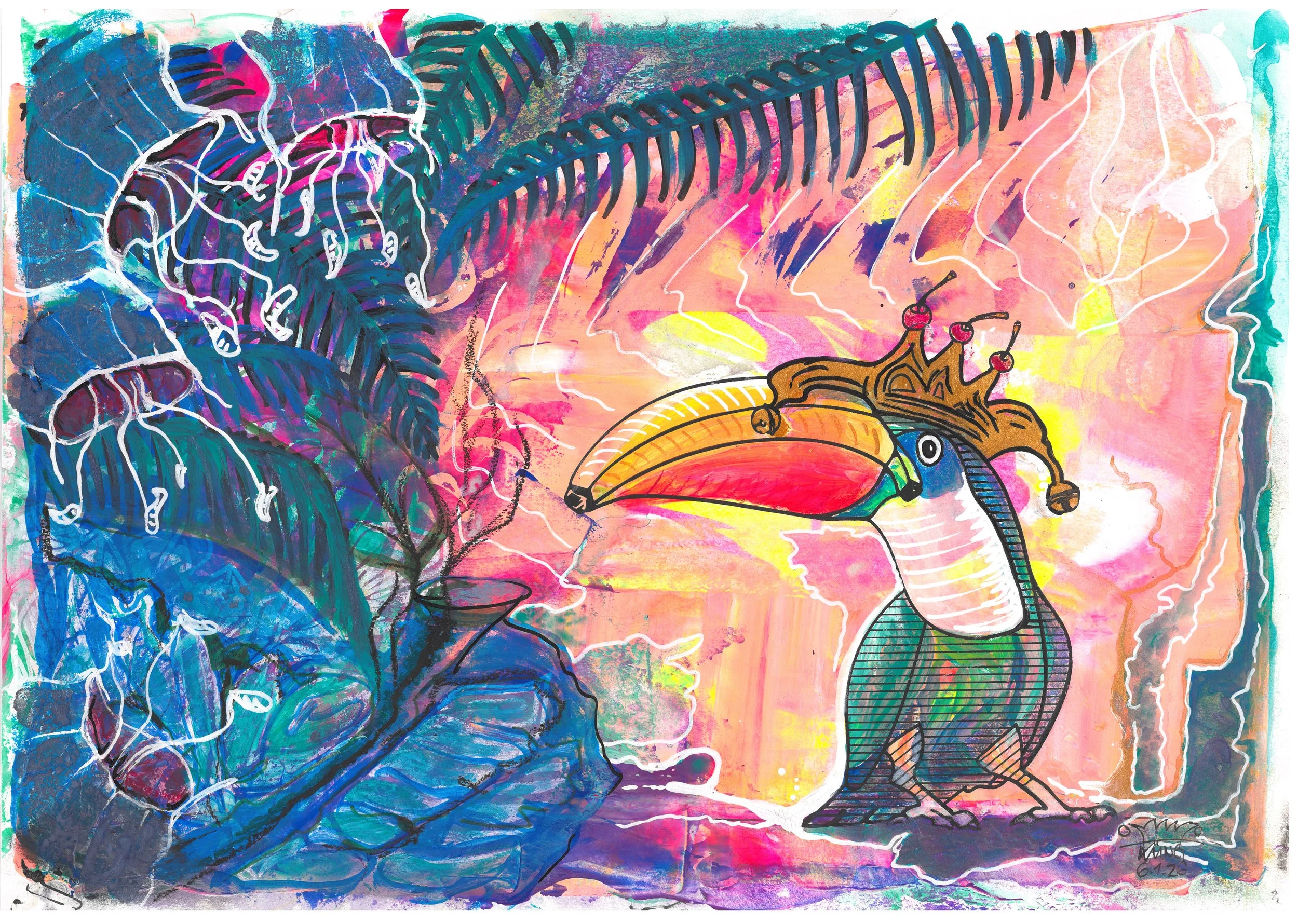  BananaTukan Blau . 2026 . 42 × 30 cm . Acryl und Filzstift auf Papier 