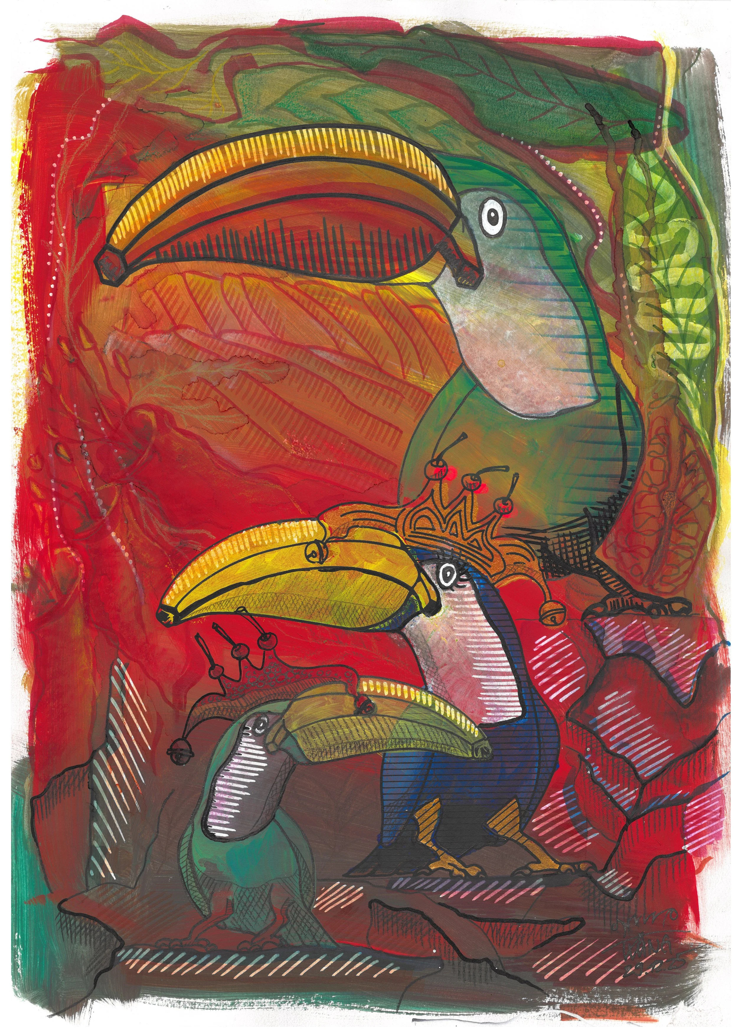  BananaTukan 3er . 2026 . 30 × 42 cm . Acryl und Filzstift auf Papier 