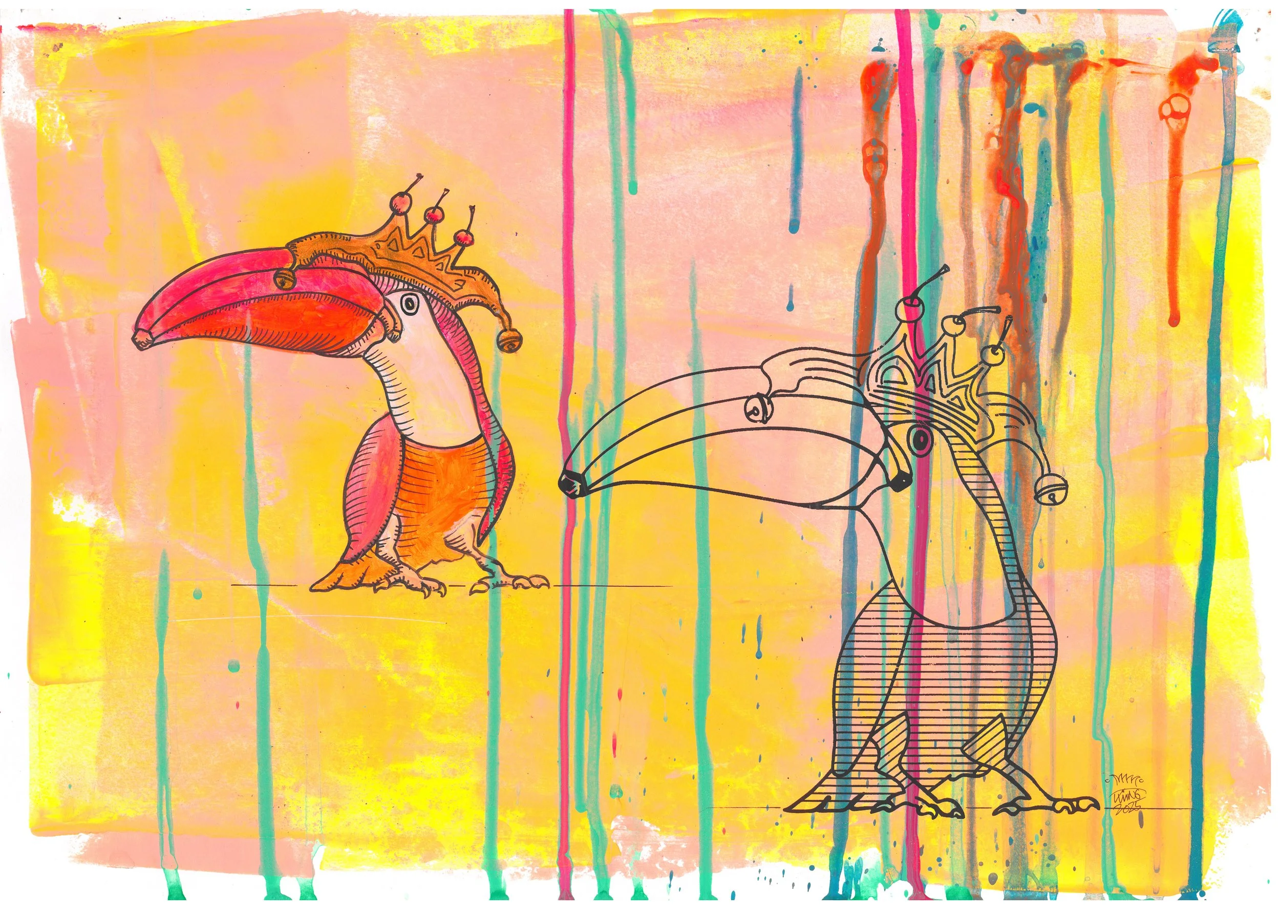  BananaTukan Gelb . 2026 . 42 × 30 cm . Acryl und Filzstift auf Papier 
