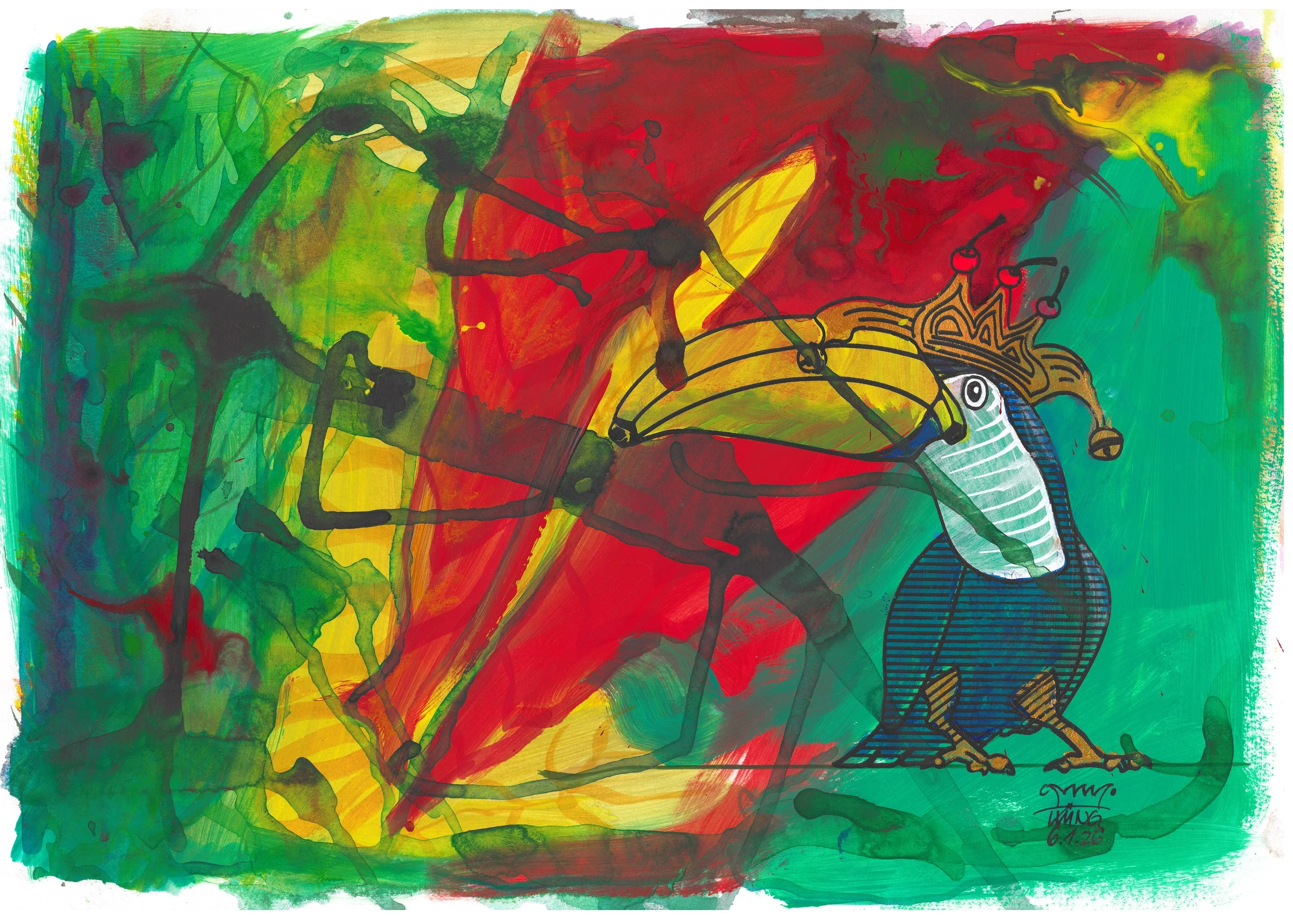  BananaTukan Grün . 2026 . 42 × 30 cm . Acryl und Filzstift auf Papier 
