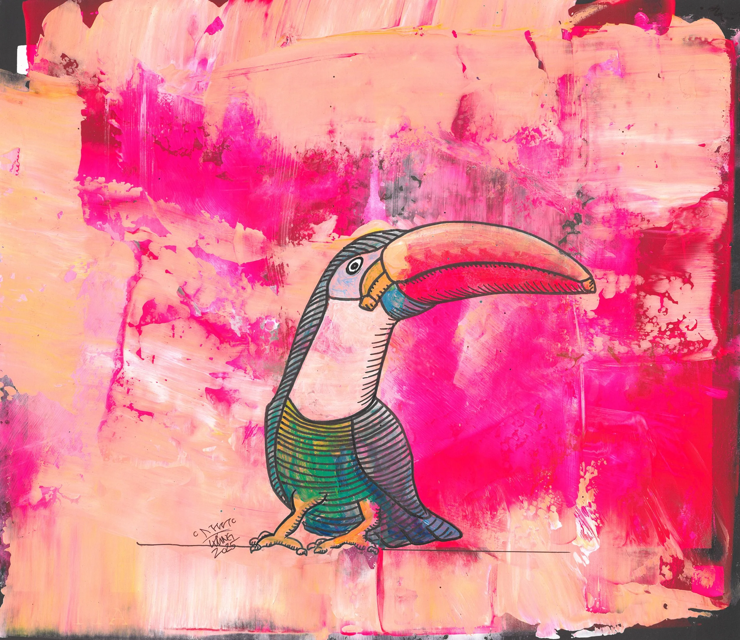  BananaTukan Rosa . 2025 . 23 × 20 cm . Acryl und Filzstift auf Papier 