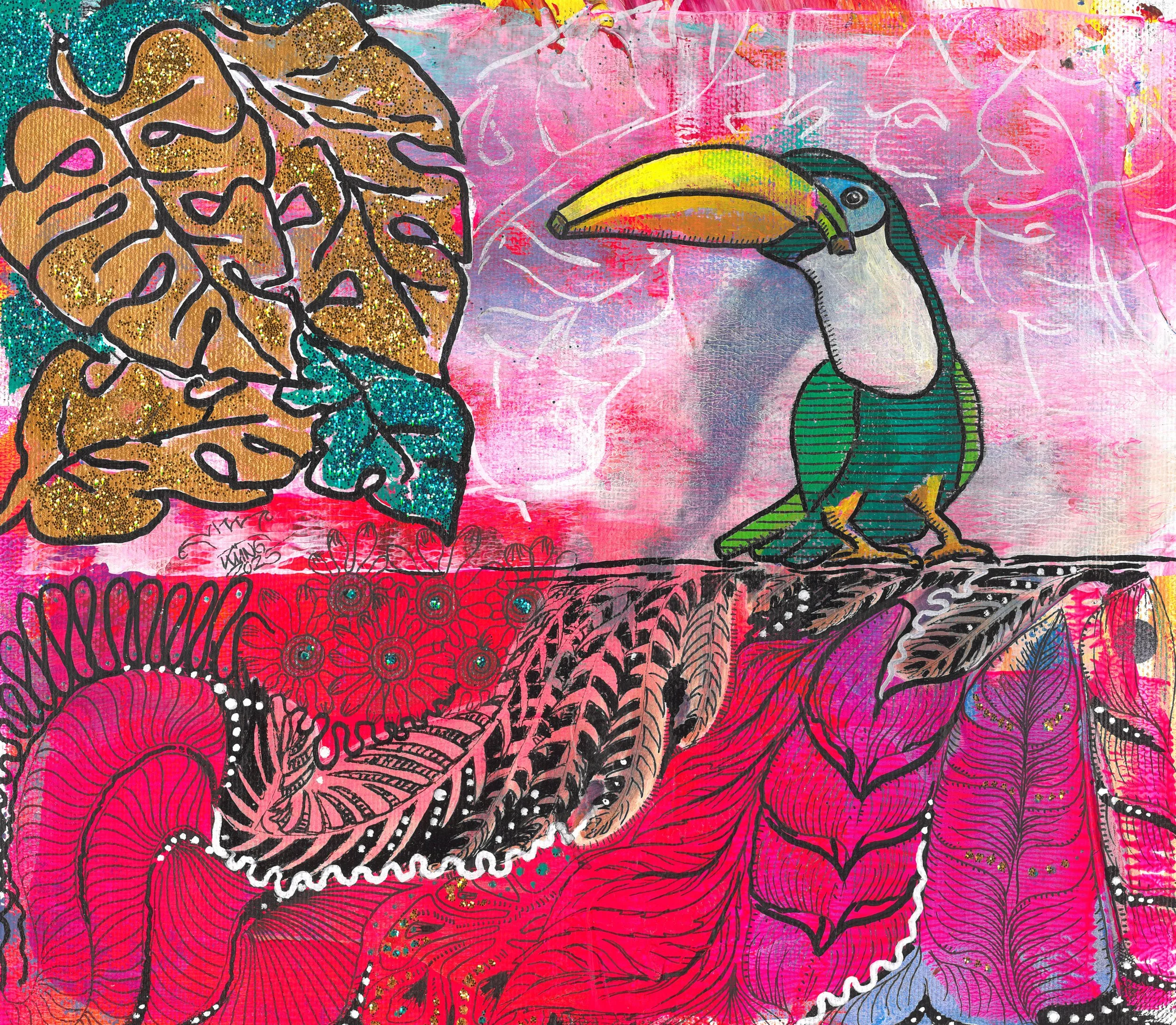  BananaTukan mit GLitzer . 2025 . 27 × 24 cm . Acryl und Glitzer auf Leinen auf Dibond 