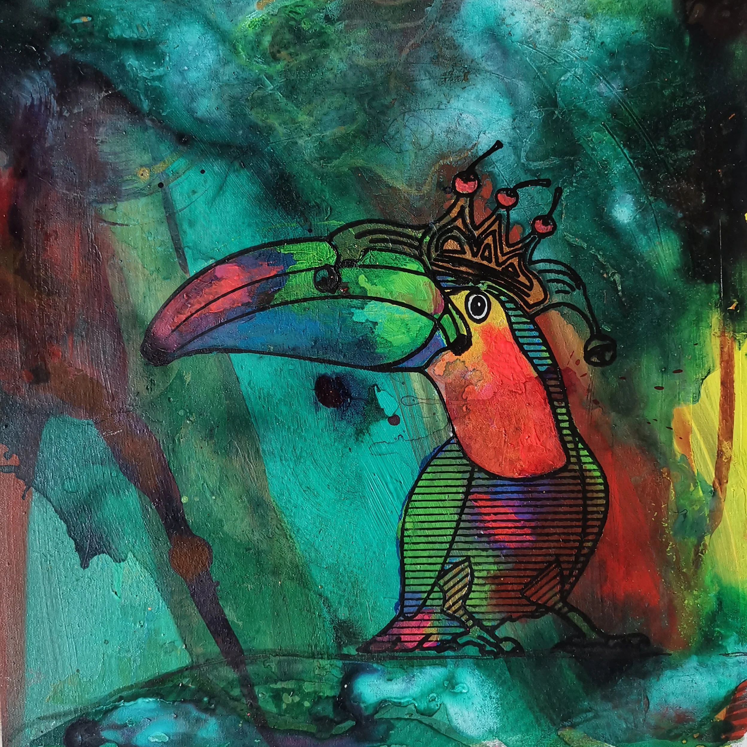  BananaTukan Türkis . 2026 . 26 × 26 cm . Acryl auf Leinen auf Dibond 