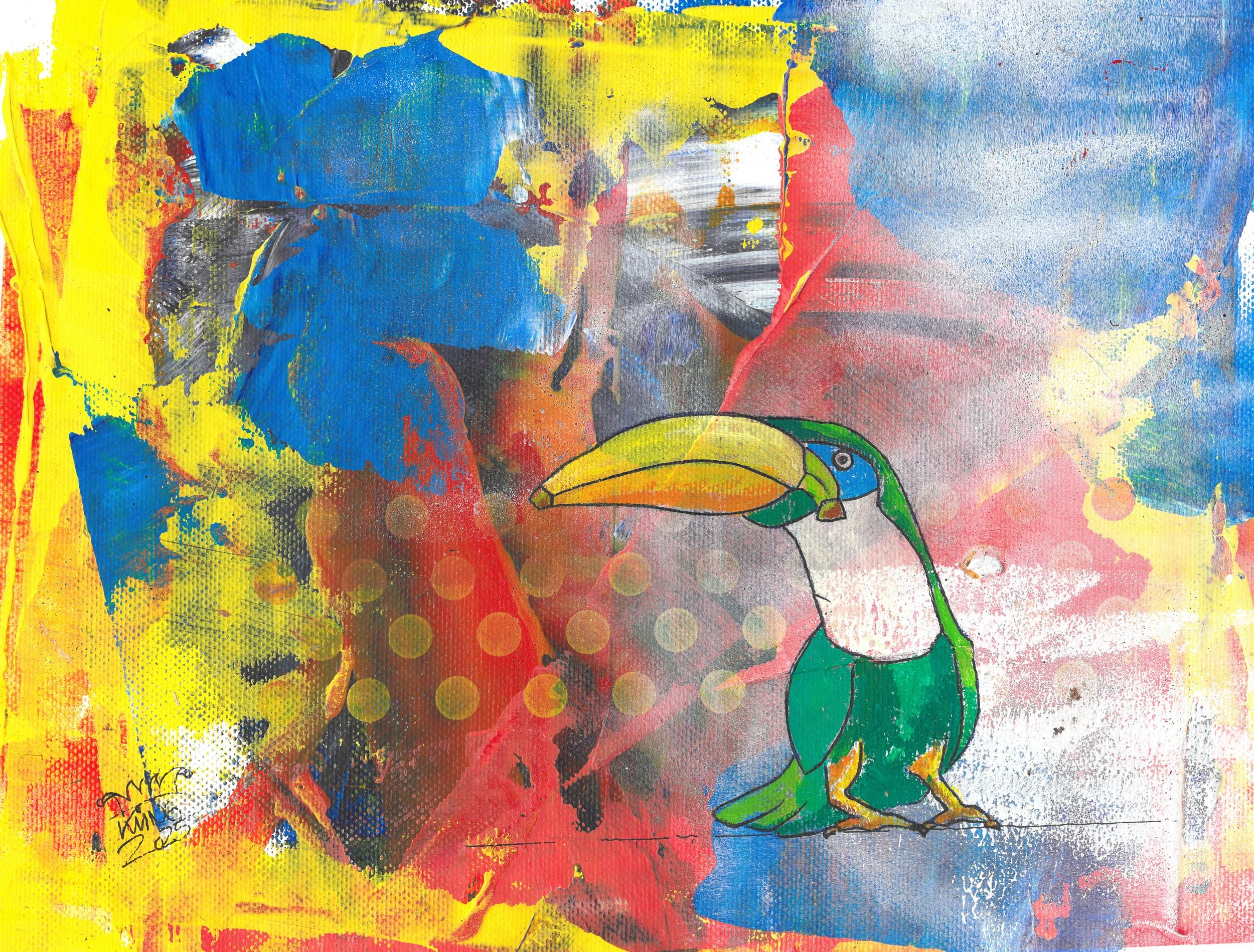  BananaTukan Stencil . 2025 . 27 × 22 cm . Acryl auf Leinen auf Dibond 