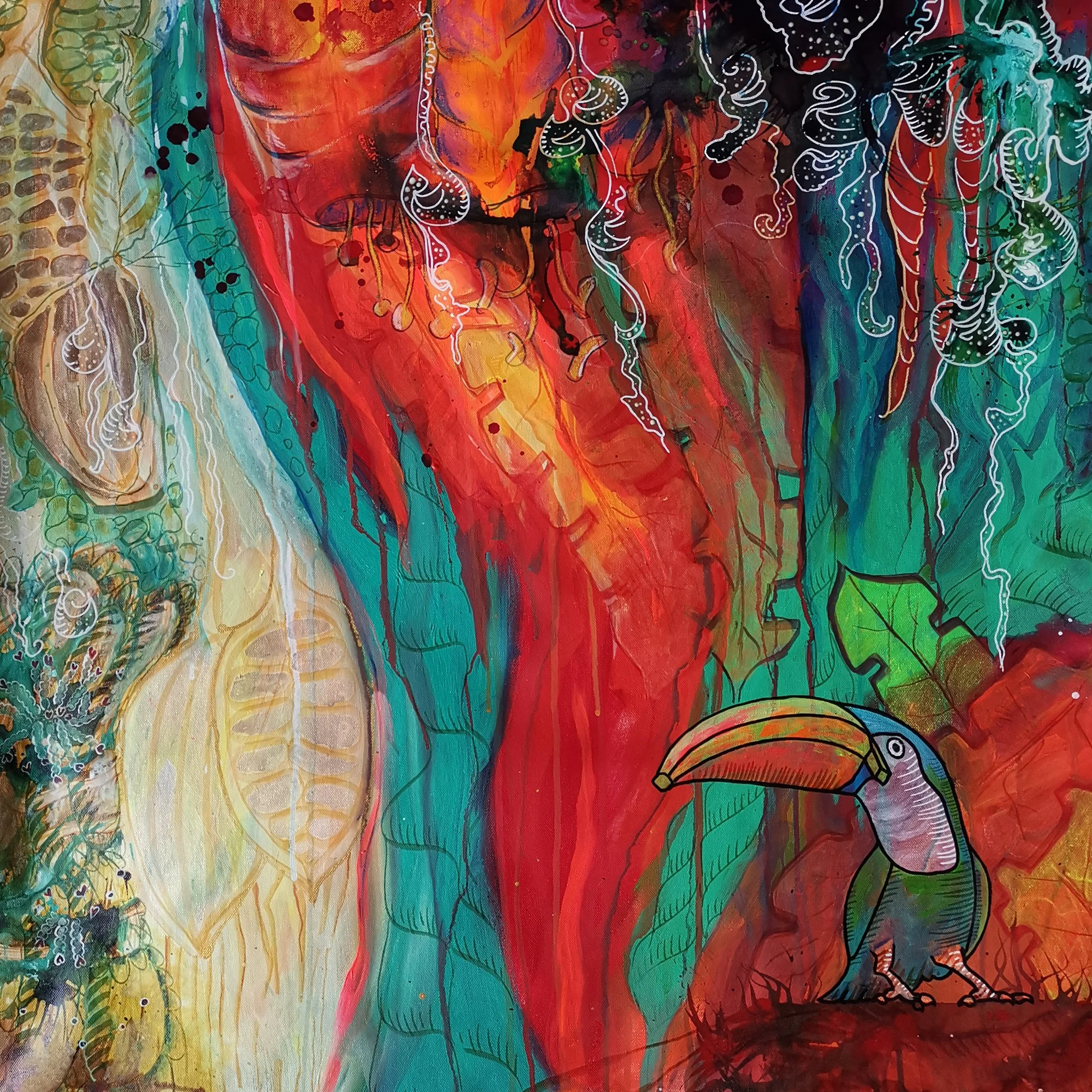  BananaTukan im Urwald Kakao . 2026 . 70 × 70 cm . Acryl, Wasserfarben und Filzstift auf Leinen 