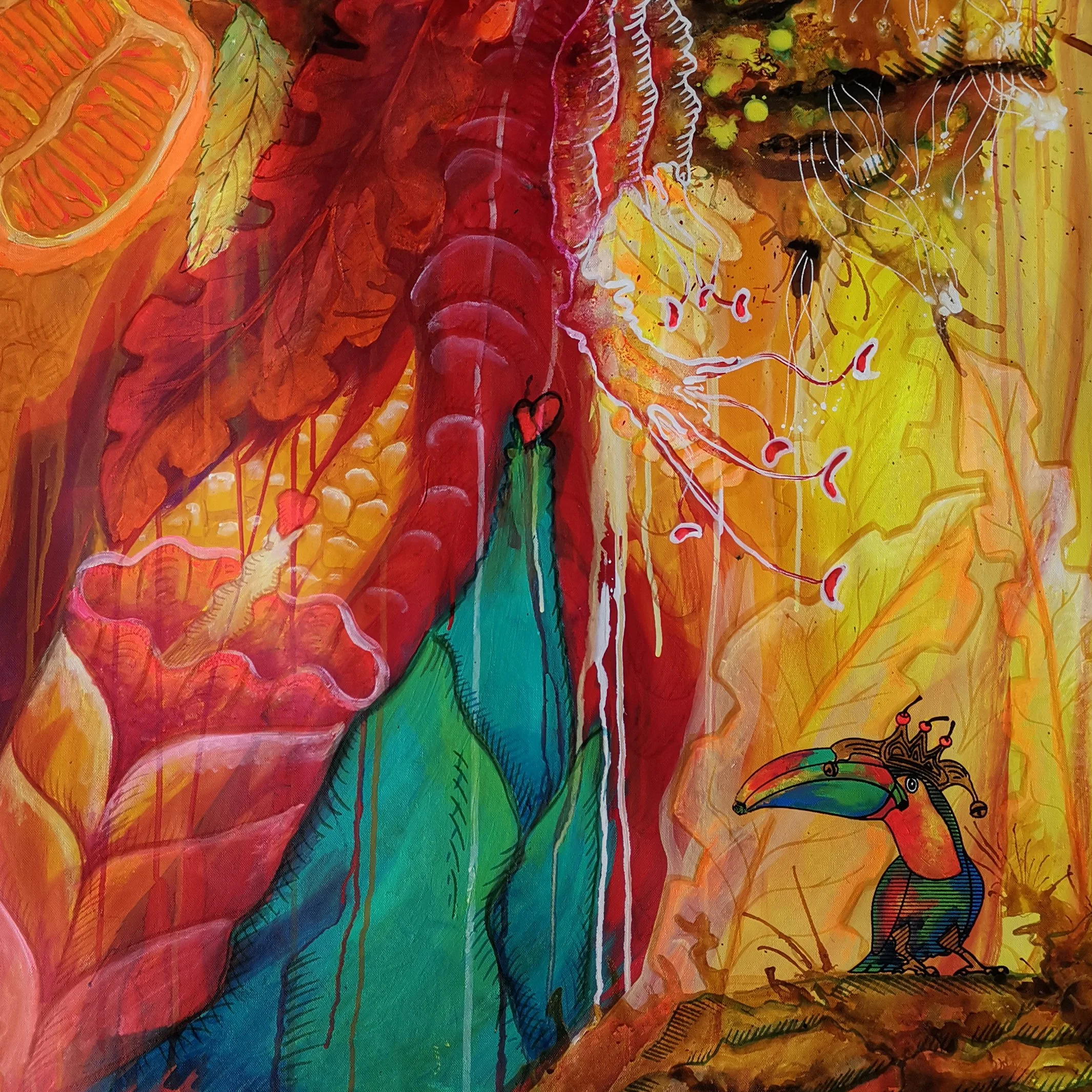  BananaTukan im Urwald Zitrus . 2026 . 70 × 70 cm . Acryl, Wasserfarben und Filzstift auf Leinen 
