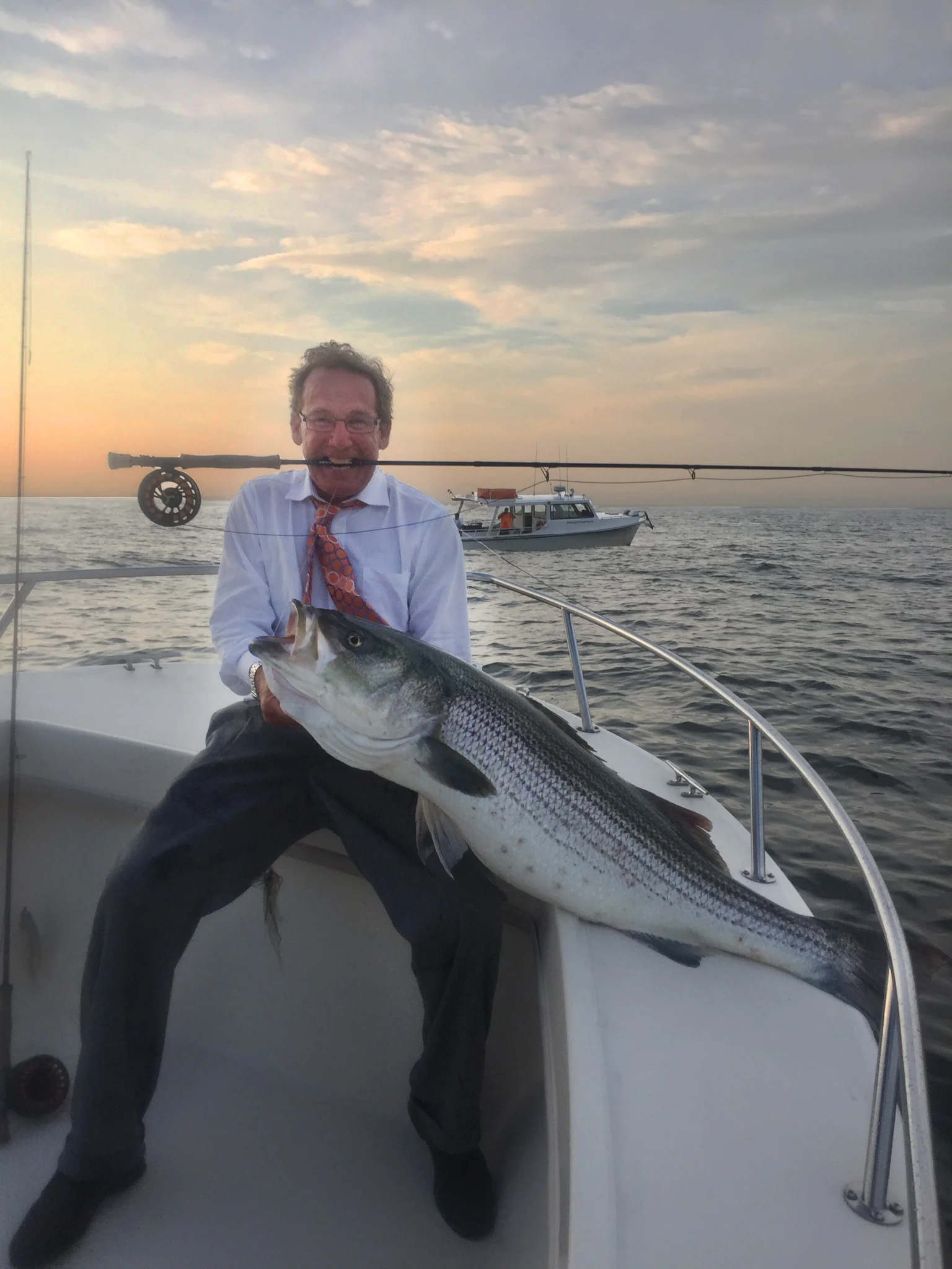 Dr. Mark Sherman caught and released this 50 lb striper on fly during his witching hour trip.