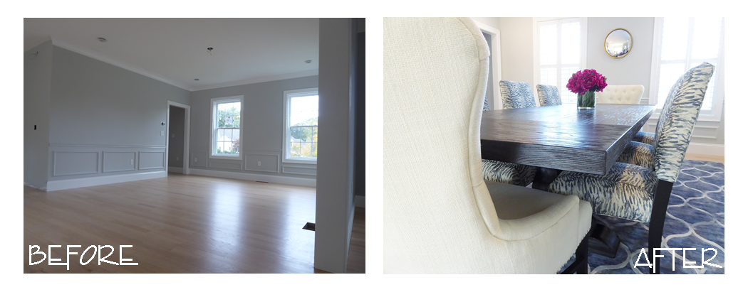 Modern Eclectic Blue Gray Ivory White Dining Room Design in Lynnfield MA 01940.