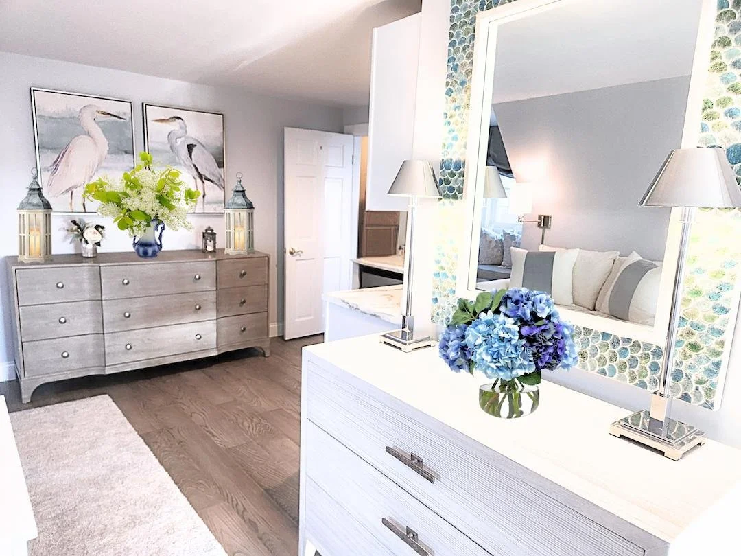 Coastal living design neutral bedroom suite Nantucket style home decor Newburyport Massachusetts