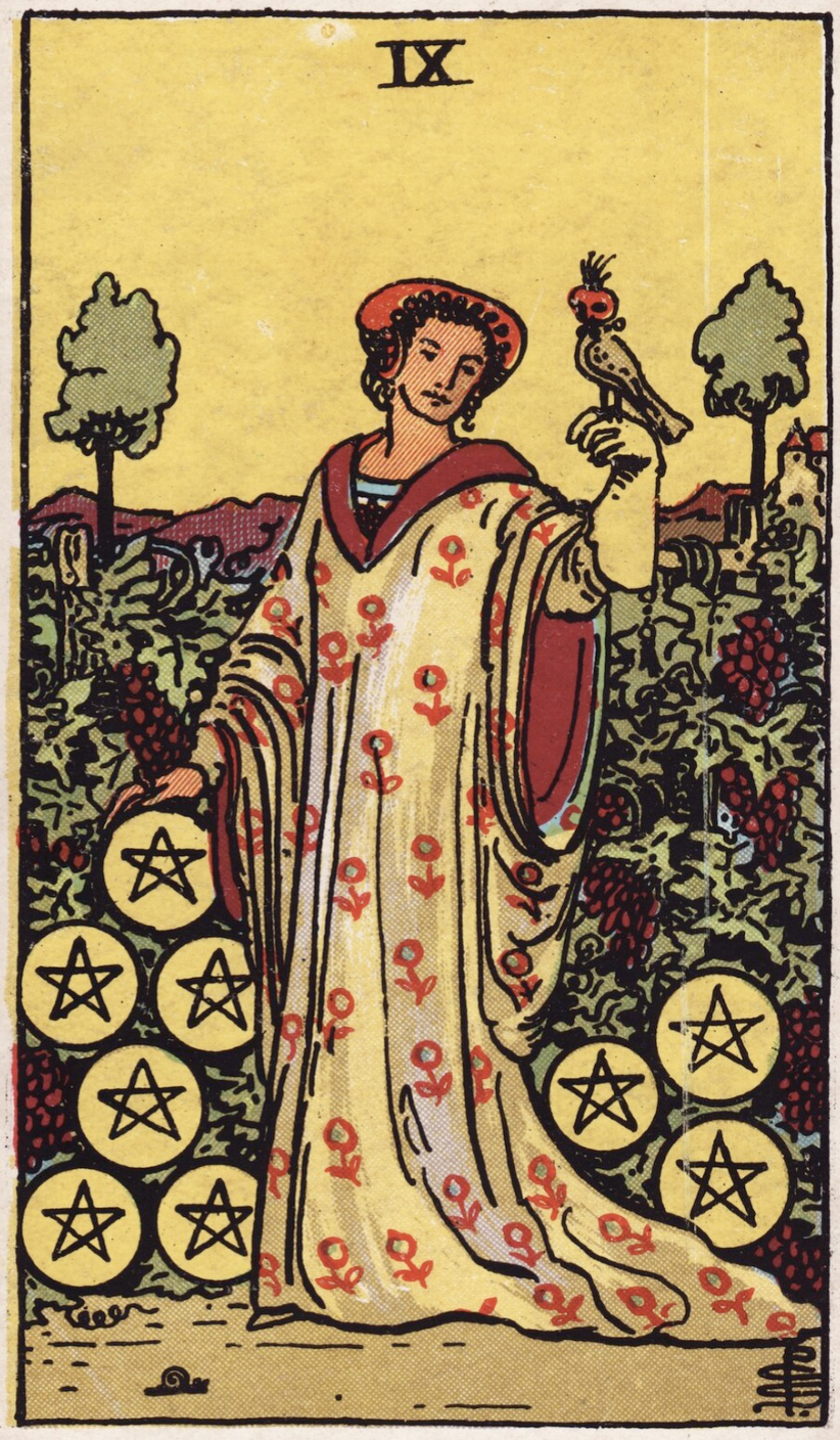 Nine of Pentacles from the Rider-Waite-Smith deck shows a robed noblewoman with a hooded bird of prey standing in a lush vineyard.