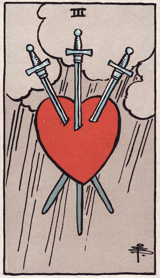 Three swords pierce a bright red heart against a backdrop of gray clouds and rain.