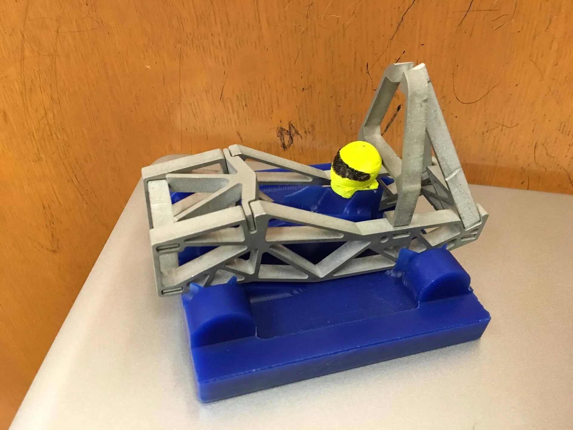 Full Assembly with 3D printed helmet, waterjet chassis, and CNC base