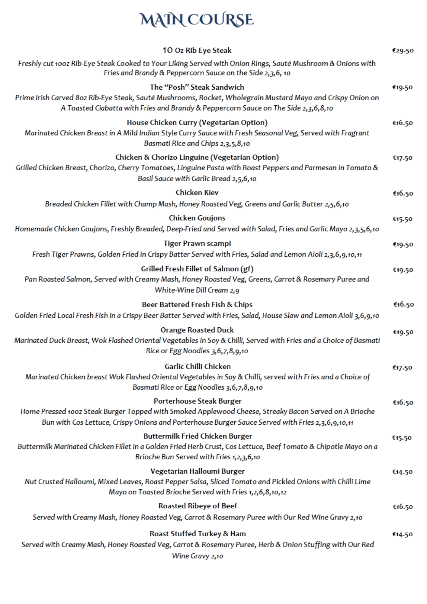 Sunday Lunch Menu — The Porterhouse