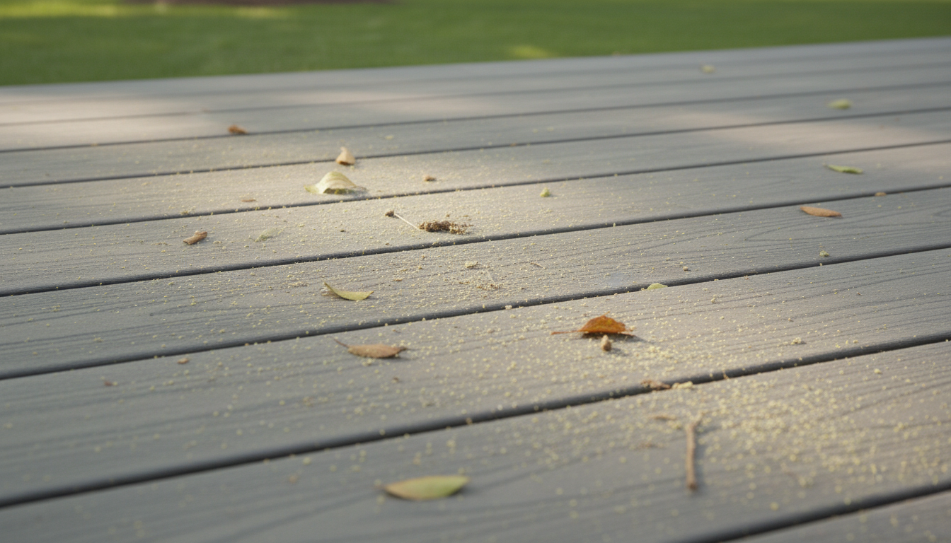 Close up of composite decking boards with light pollen, dust, and scattered leaves showing natural outdoor debris buildup on a residential deck surface