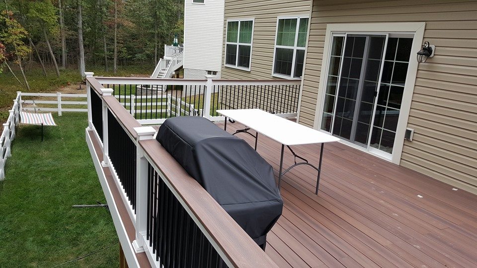 Tudor Brown Decking, Decking rail topper, White rails, Black Balusters 