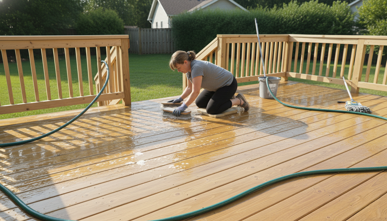 Person kneeling on a wooden deck scrubbing the surface with a brush and water during deck cleaning after paint removal and before refinishing