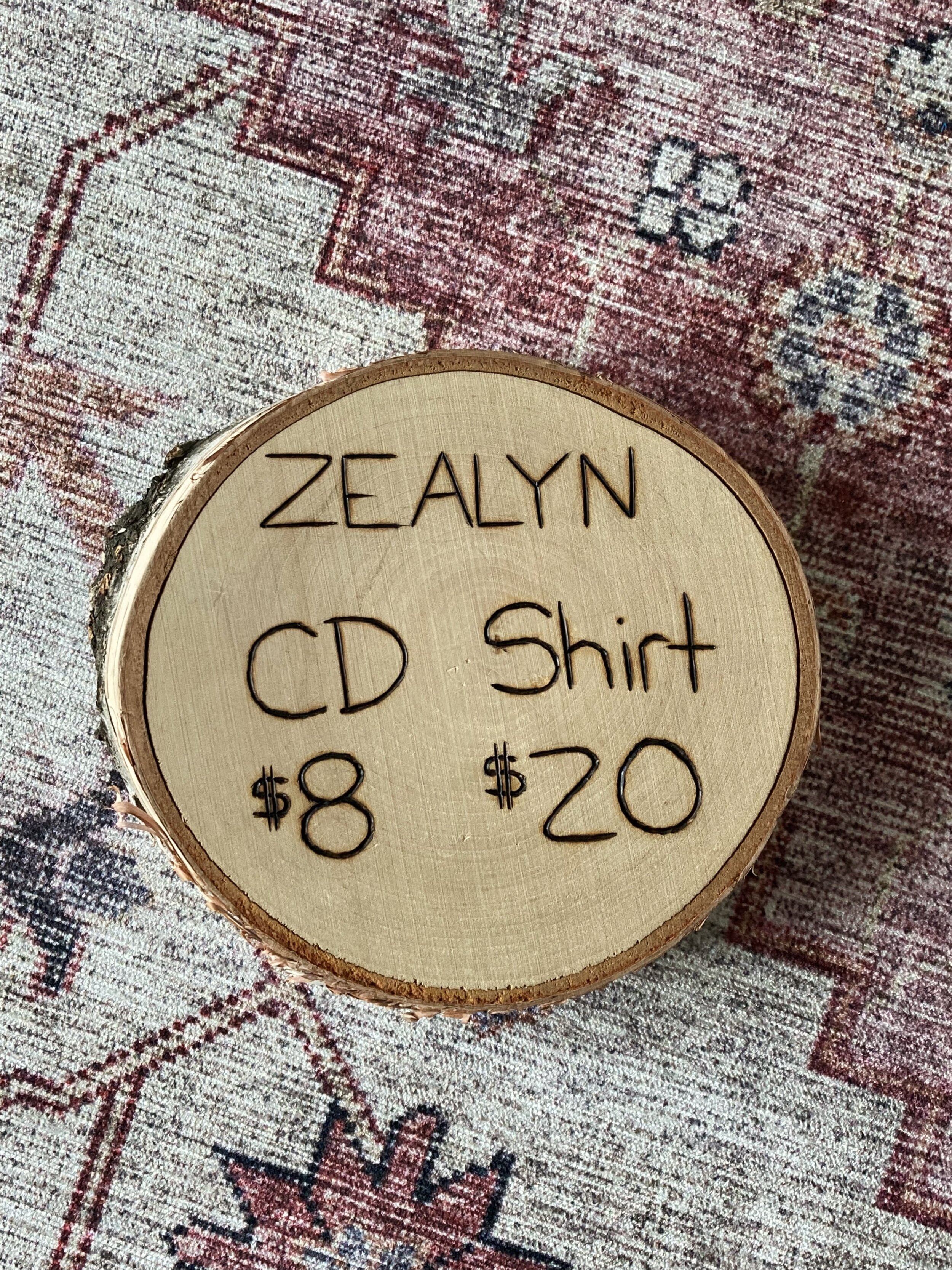 Zealyn Wood-Burned Merch Table Pricing Block