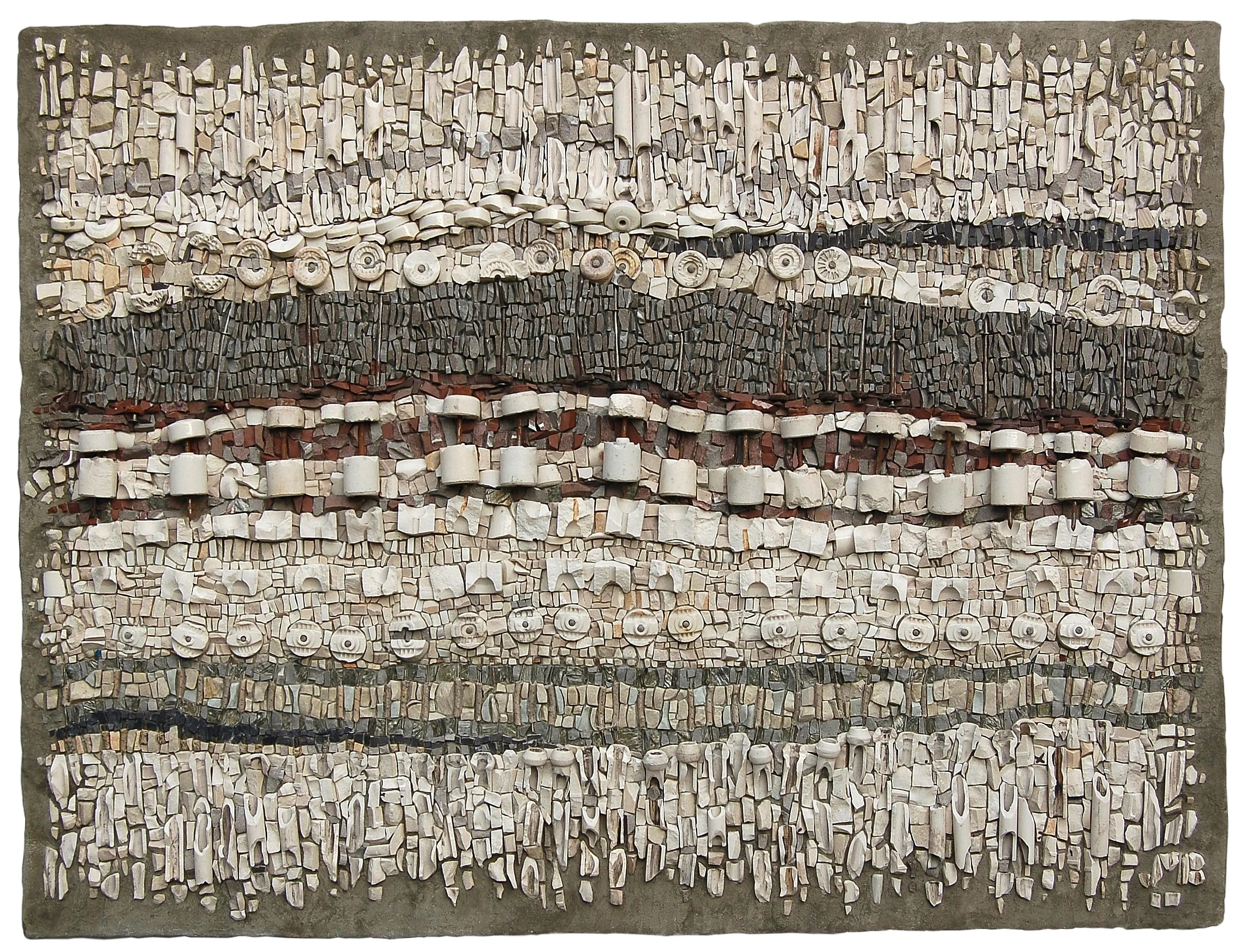  Knob-and-Tubescape 27 in h x 39 in w - knob-and-tube wiring components and ceramic on hand formed cement panel Private collection 