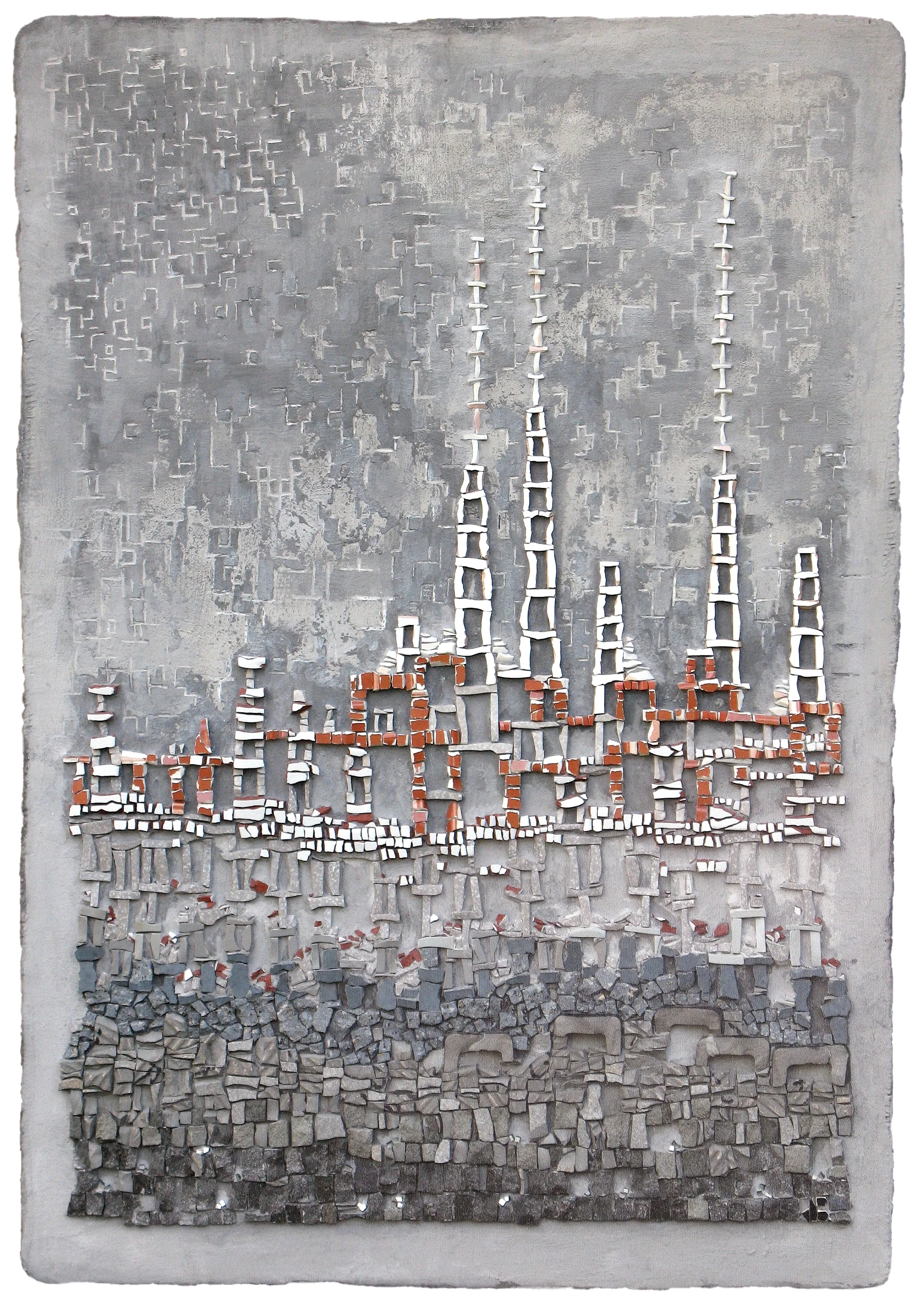 Earthstation 39 in h x 27 in w - ceramic and pigment on hand formed cement panel