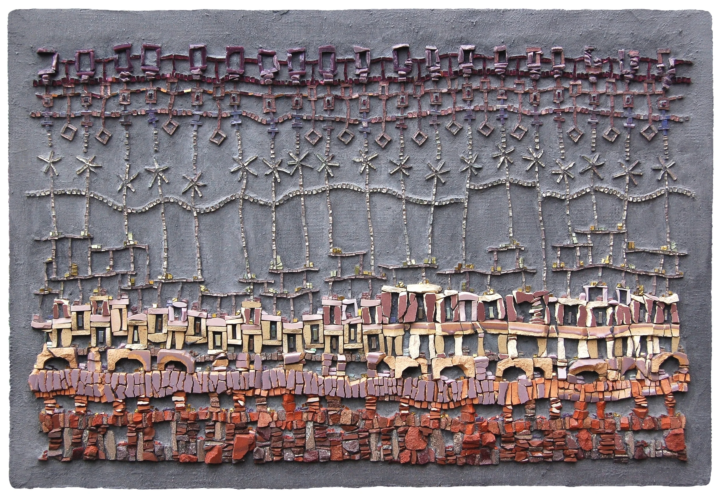  Mithraeum 27 in h x 39 in w - glazed ceramic, glass, and mosaic gold on hand formed cement panel Private collection 