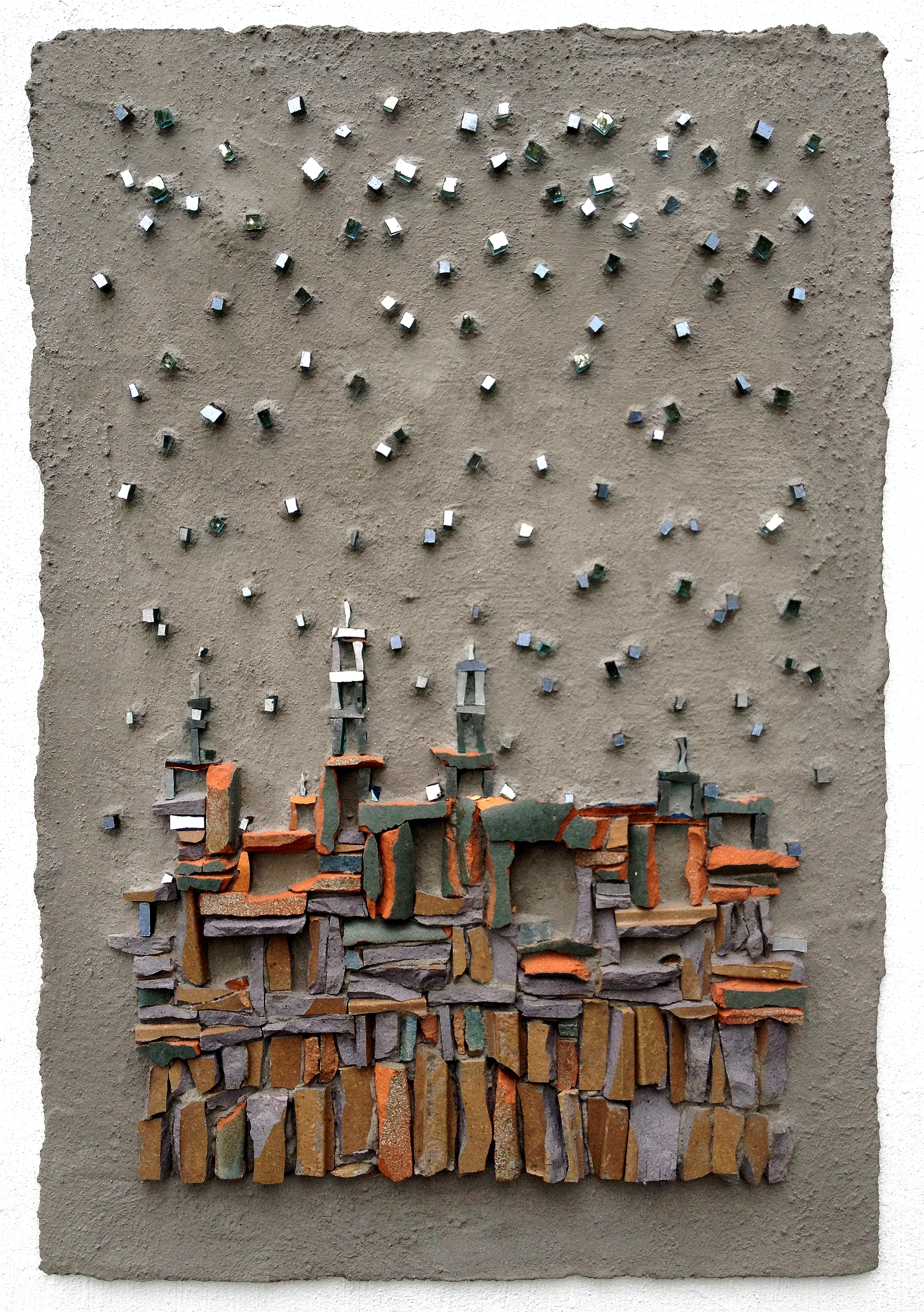  Ether 19 in h x 13 in w -&nbsp;glass, ceramic, and pigment on hand formed cement panel Private collection 