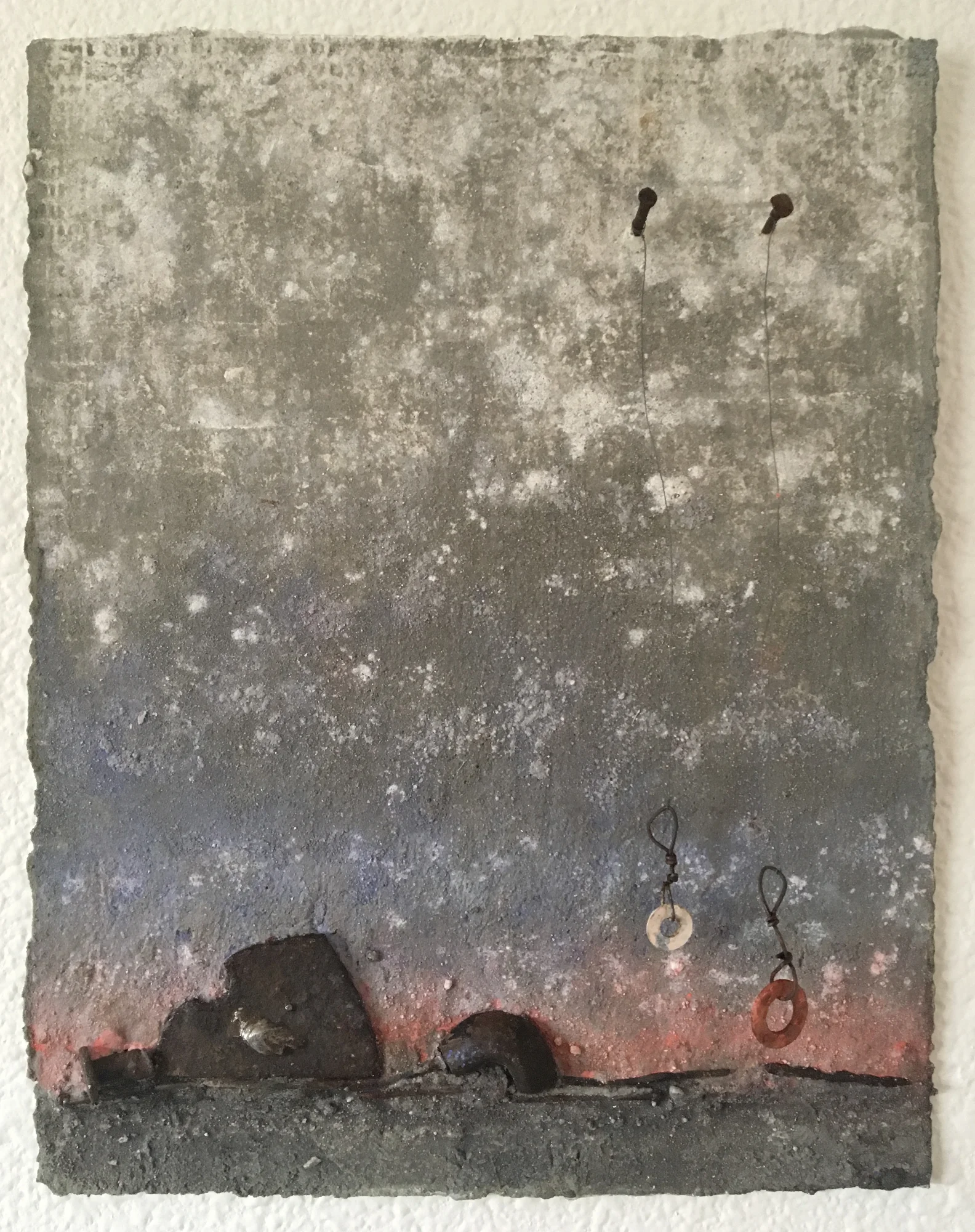  Meanwhile, on Tatooine... ( sold )  Found objects and pigment on hand formed cement panel  11 inches high x 8.5 inches wide 