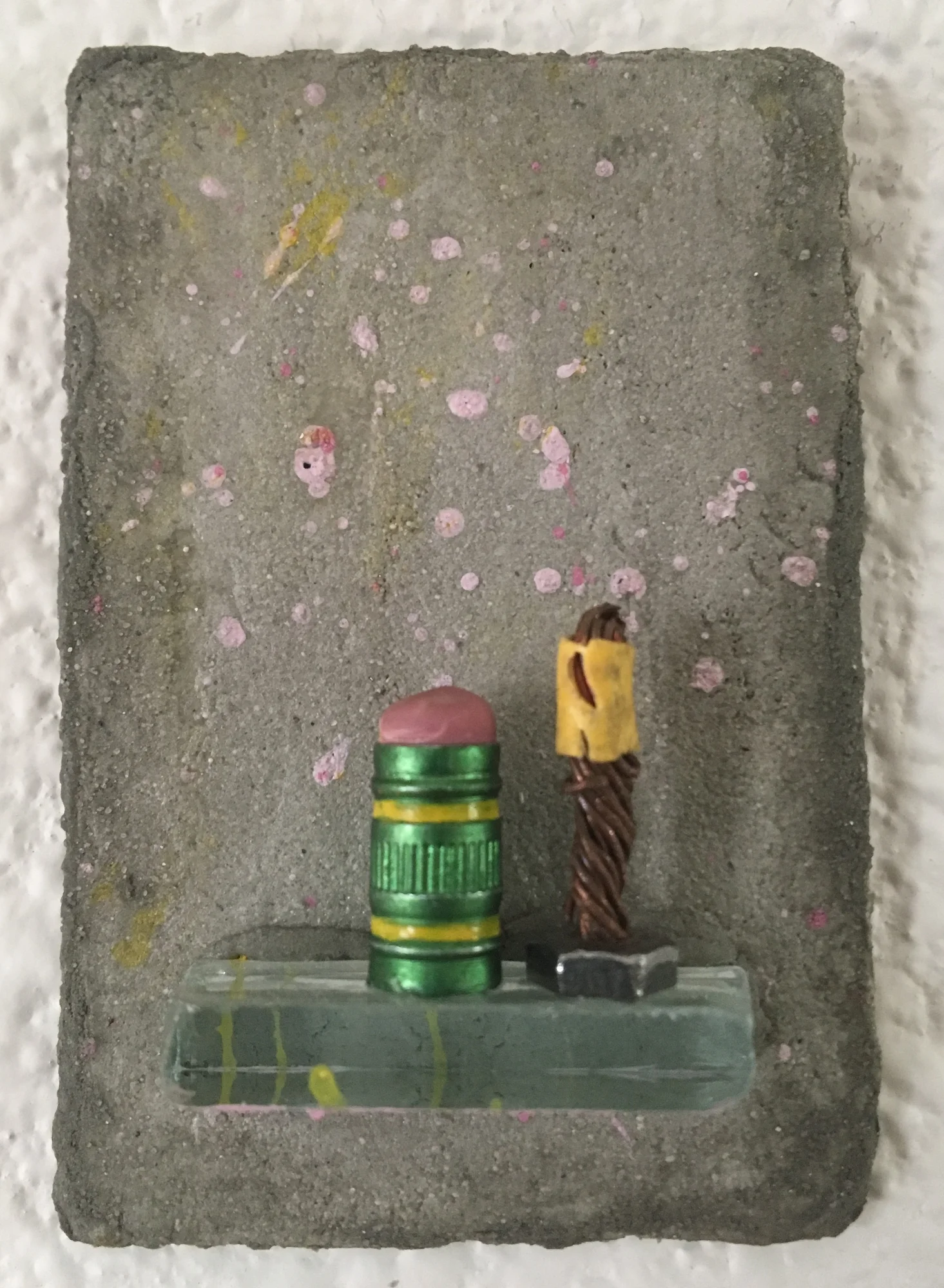  Joey &amp; Josh ( sold )  Glass, found objects, and pigment on hand formed cement panel  3 inches high x 2 inches wide 