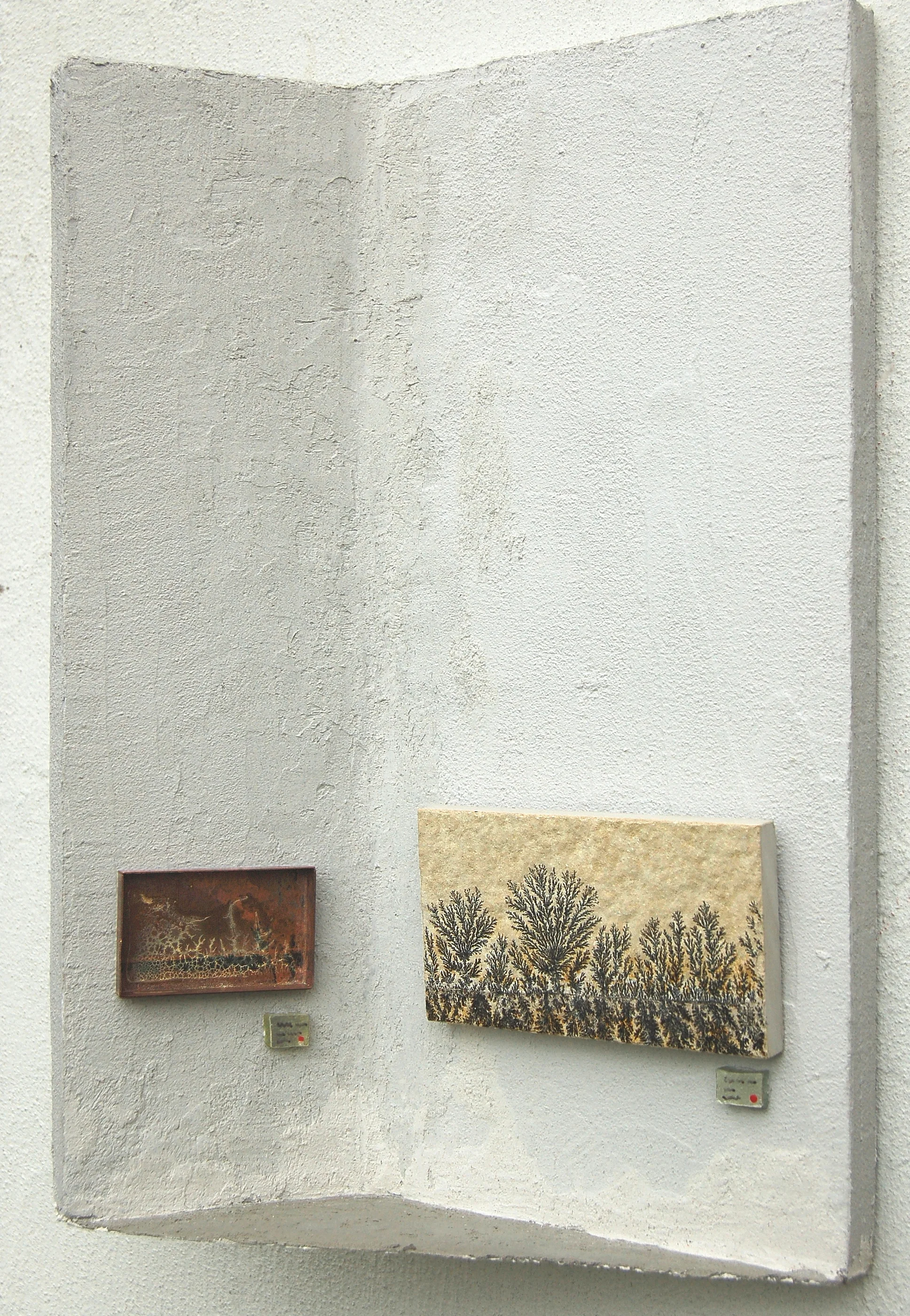 Holy Grail - Found landscape, cultured dendrite, and mosaic gold on hand formed cement armature 11 in h x 9 in w x 3 in d Private Collection